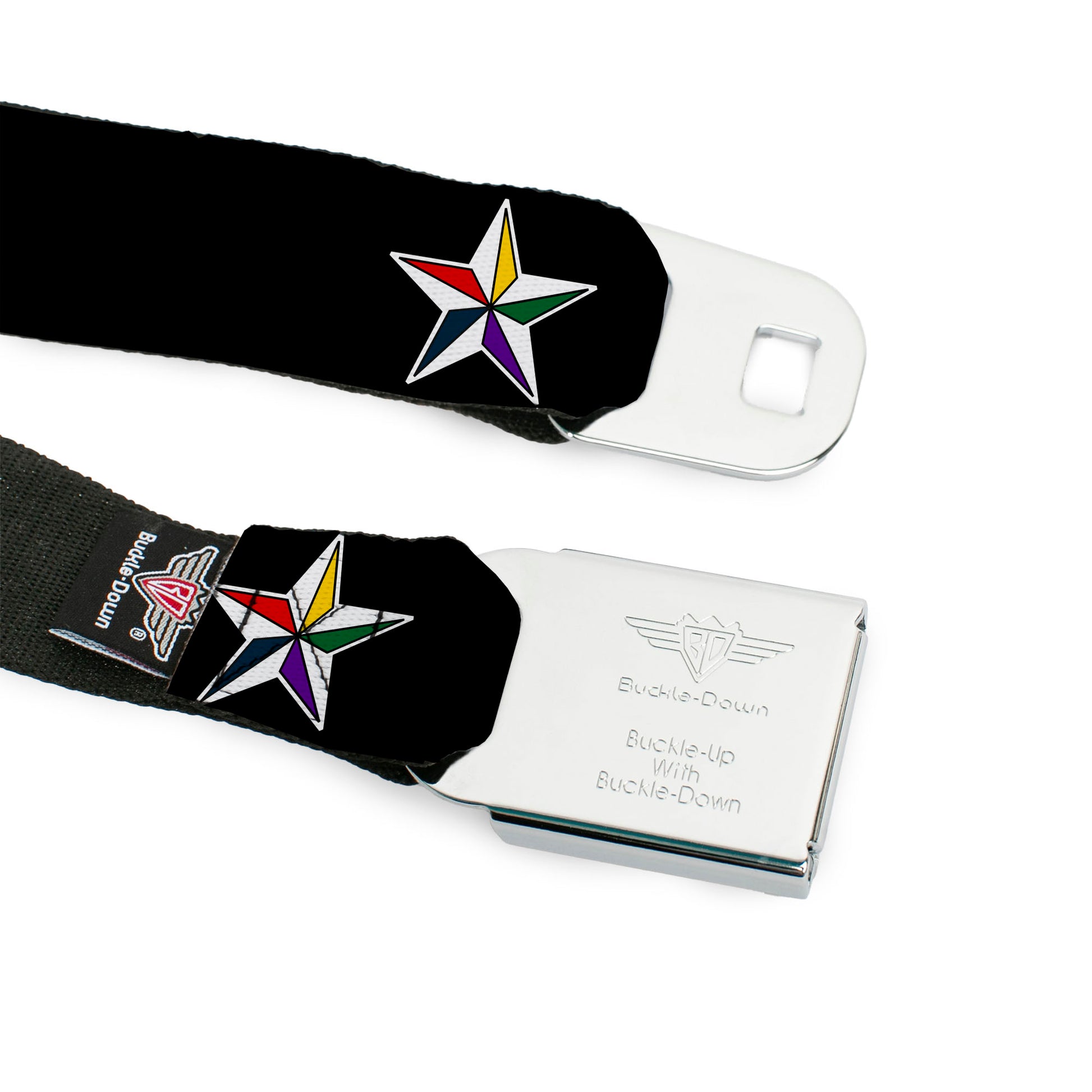 BD Wings Logo CLOSE-UP Full Color Black Silver Seatbelt Belt - Nautical Star Black/White/Multi Color Webbing Seatbelt Belts Buckle-Down