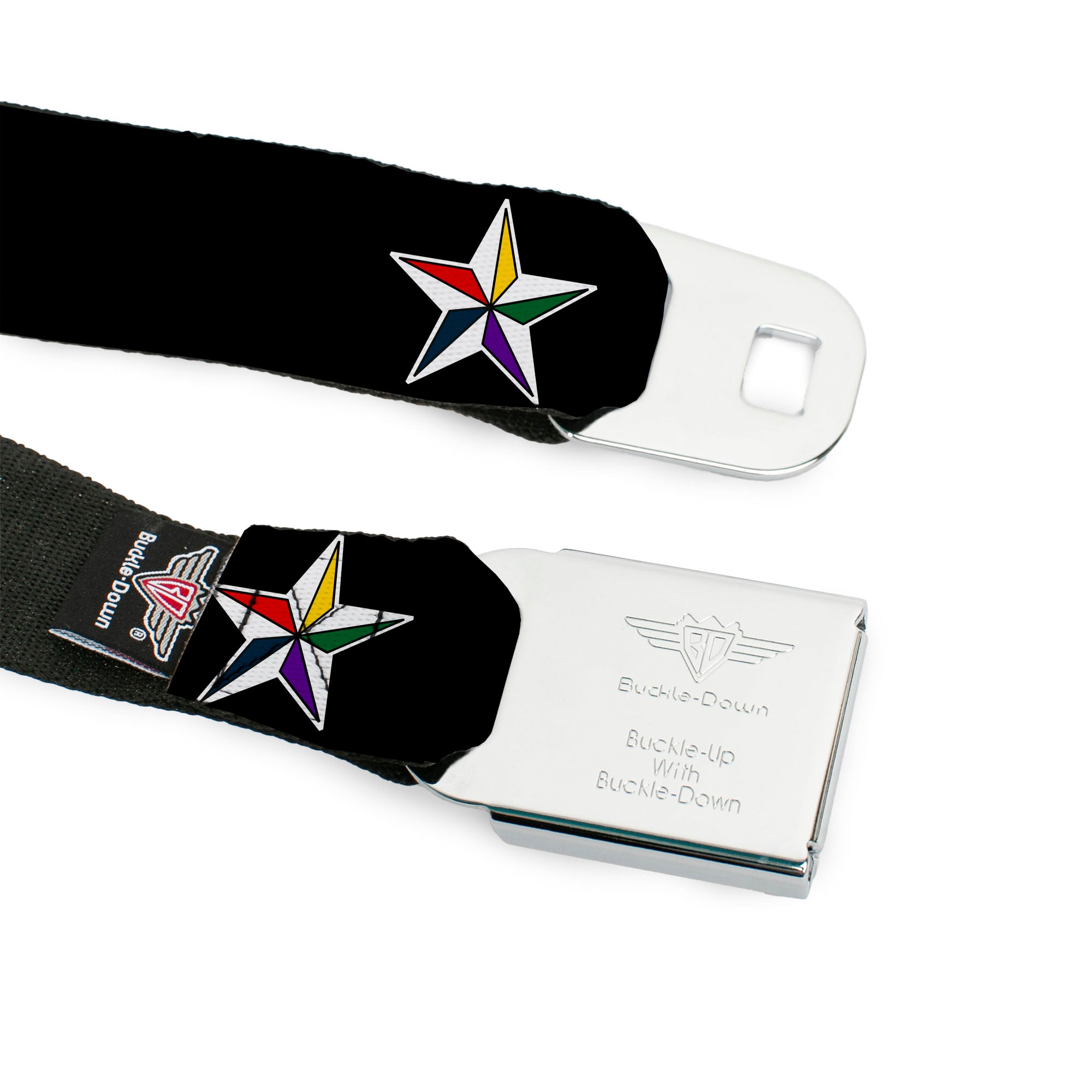 BD Wings Logo CLOSE-UP Full Color Black Silver Seatbelt Belt - Nautical Star Black/White/Multi Color Webbing Seatbelt Belts Buckle-Down