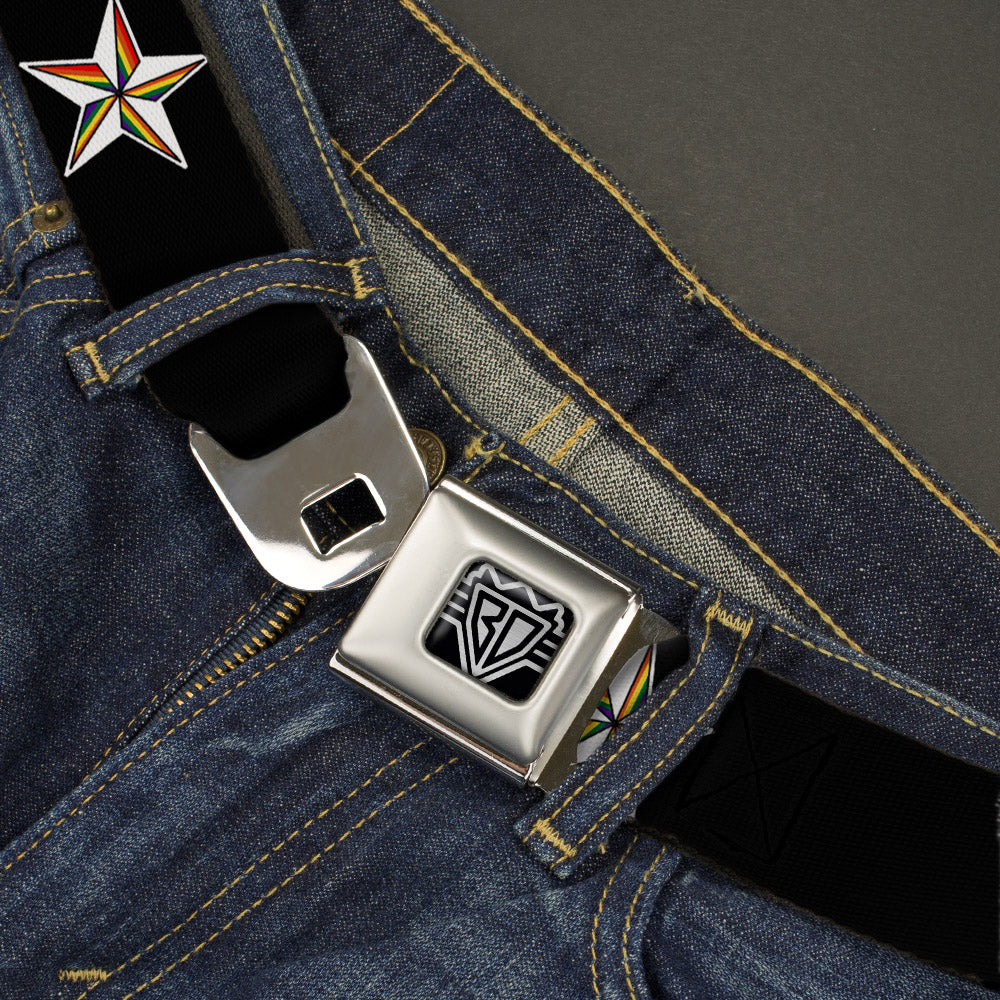 BD Wings Logo CLOSE-UP Full Color Black Silver Seatbelt Belt - Nautical Star Black/White/Rainbow Webbing Seatbelt Belts Buckle-Down