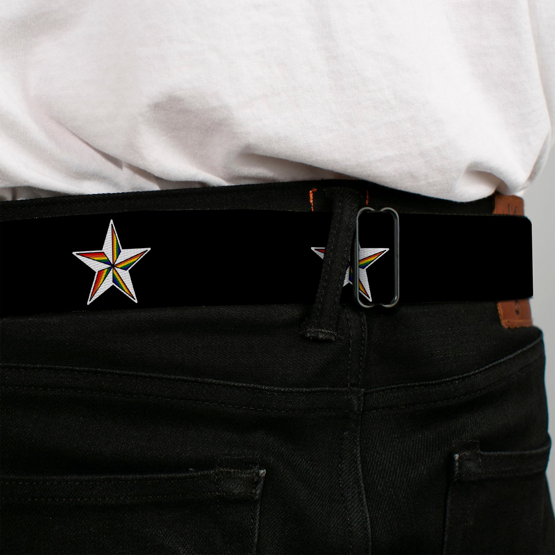 BD Wings Logo CLOSE-UP Full Color Black Silver Seatbelt Belt - Nautical Star Black/White/Rainbow Webbing Seatbelt Belts Buckle-Down