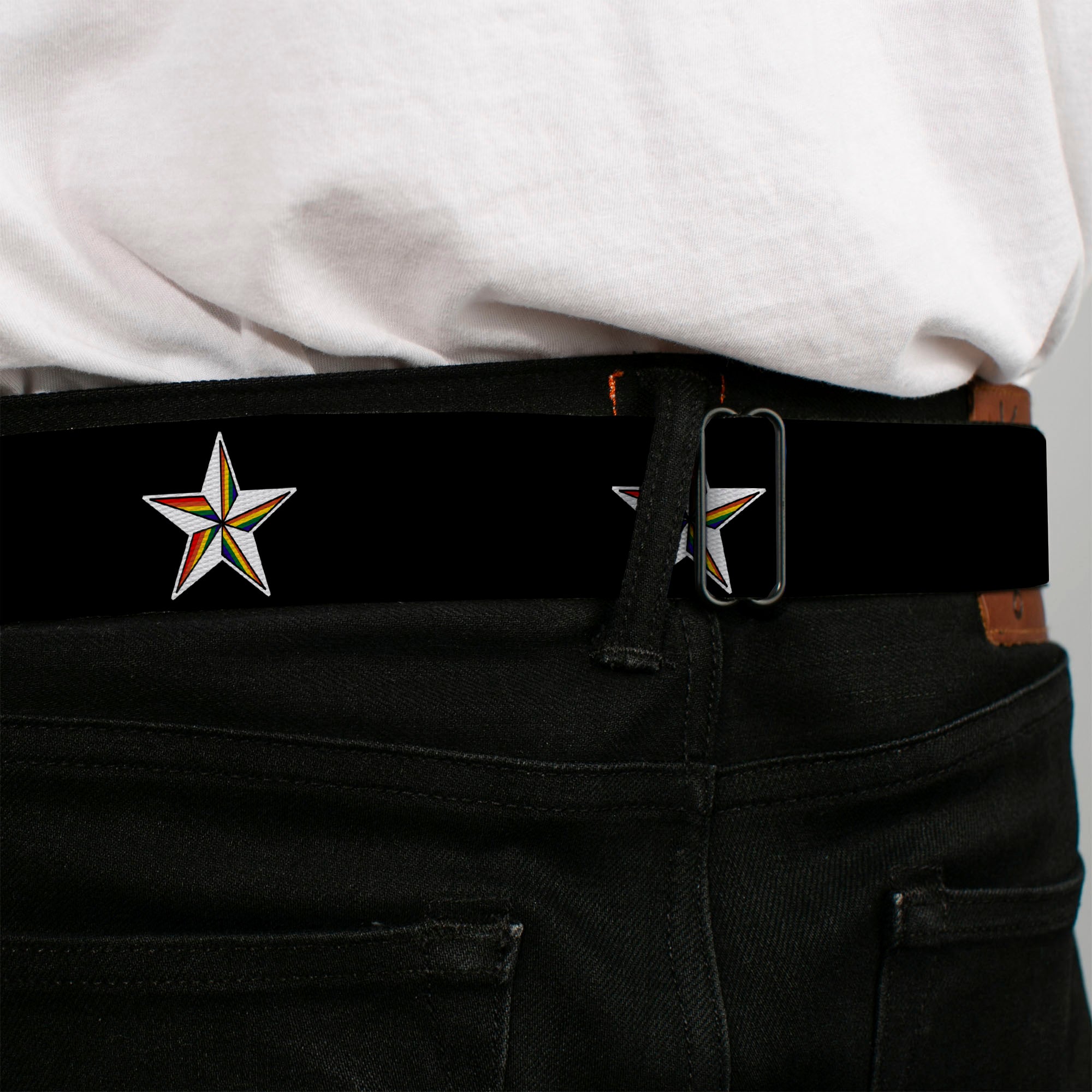 BD Wings Logo CLOSE-UP Full Color Black Silver Seatbelt Belt - Nautical Star Black/White/Rainbow Webbing Seatbelt Belts Buckle-Down