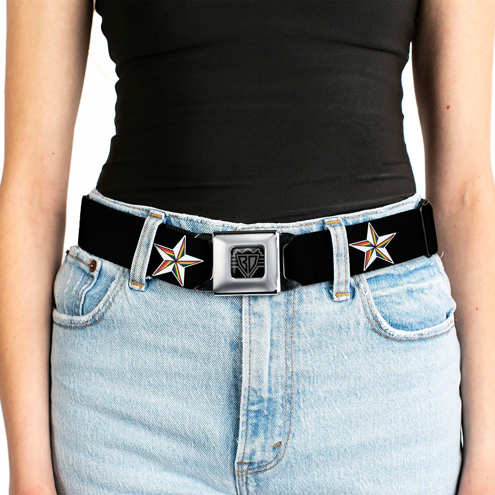 BD Wings Logo CLOSE-UP Full Color Black Silver Seatbelt Belt - Nautical Star Black/White/Rainbow Webbing Seatbelt Belts Buckle-Down
