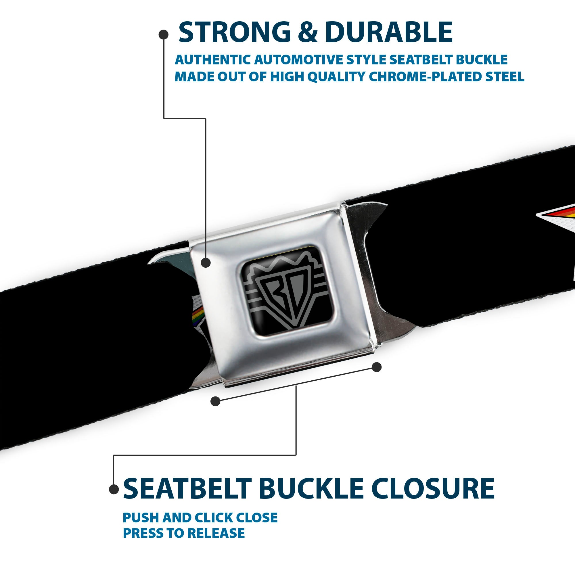 BD Wings Logo CLOSE-UP Full Color Black Silver Seatbelt Belt - Nautical Star Black/White/Rainbow Webbing Seatbelt Belts Buckle-Down