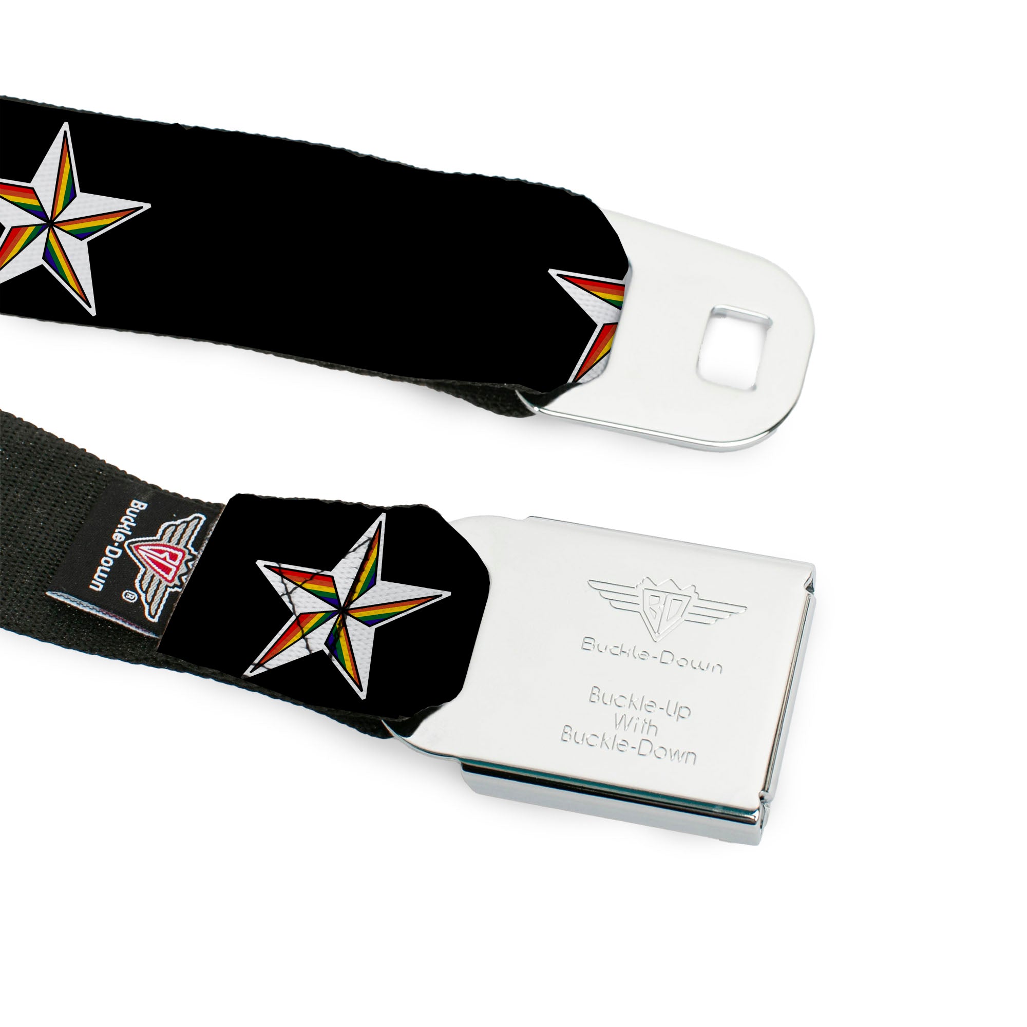 BD Wings Logo CLOSE-UP Full Color Black Silver Seatbelt Belt - Nautical Star Black/White/Rainbow Webbing Seatbelt Belts Buckle-Down