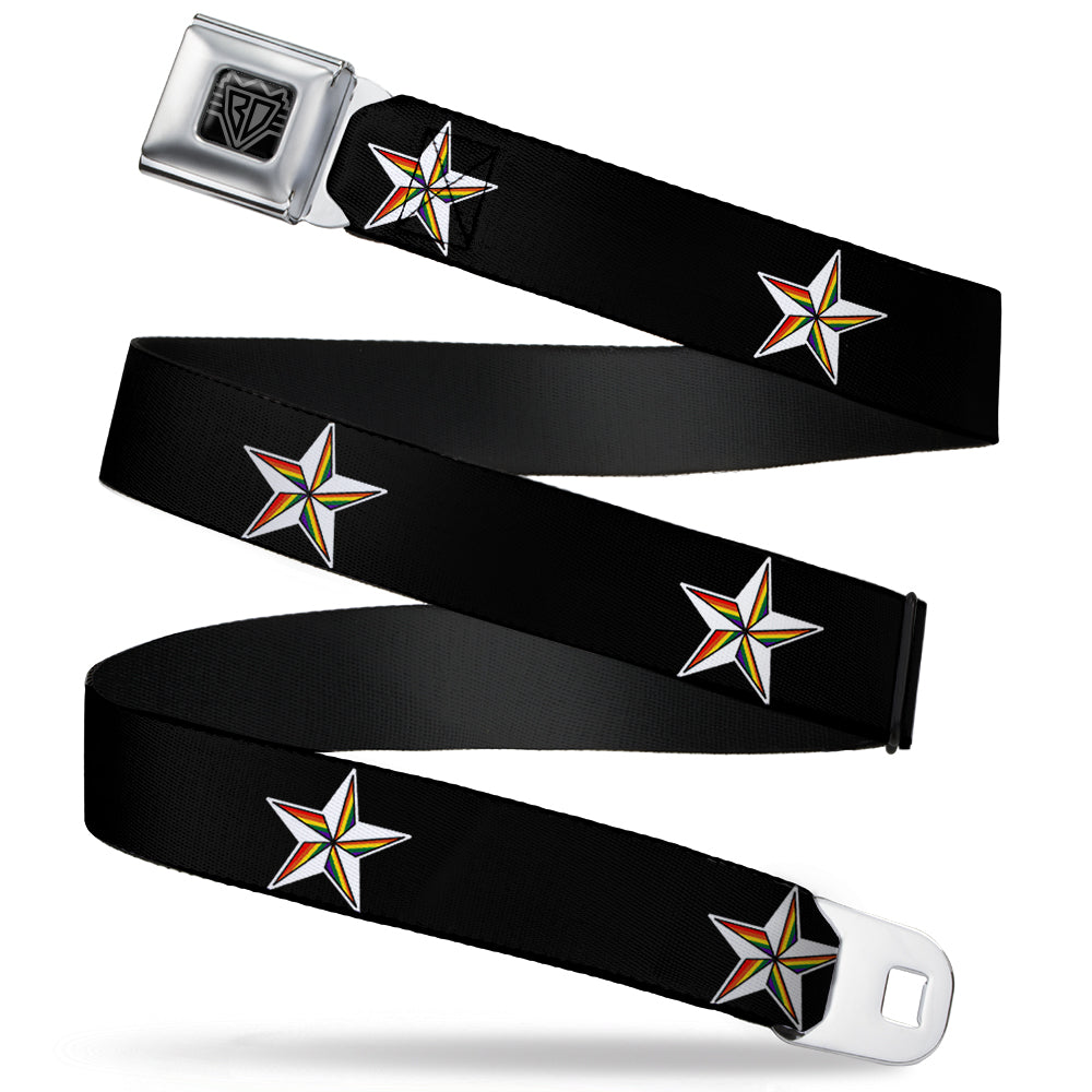 BD Wings Logo CLOSE-UP Full Color Black Silver Seatbelt Belt - Nautical Star Black/White/Rainbow Webbing Seatbelt Belts Buckle-Down