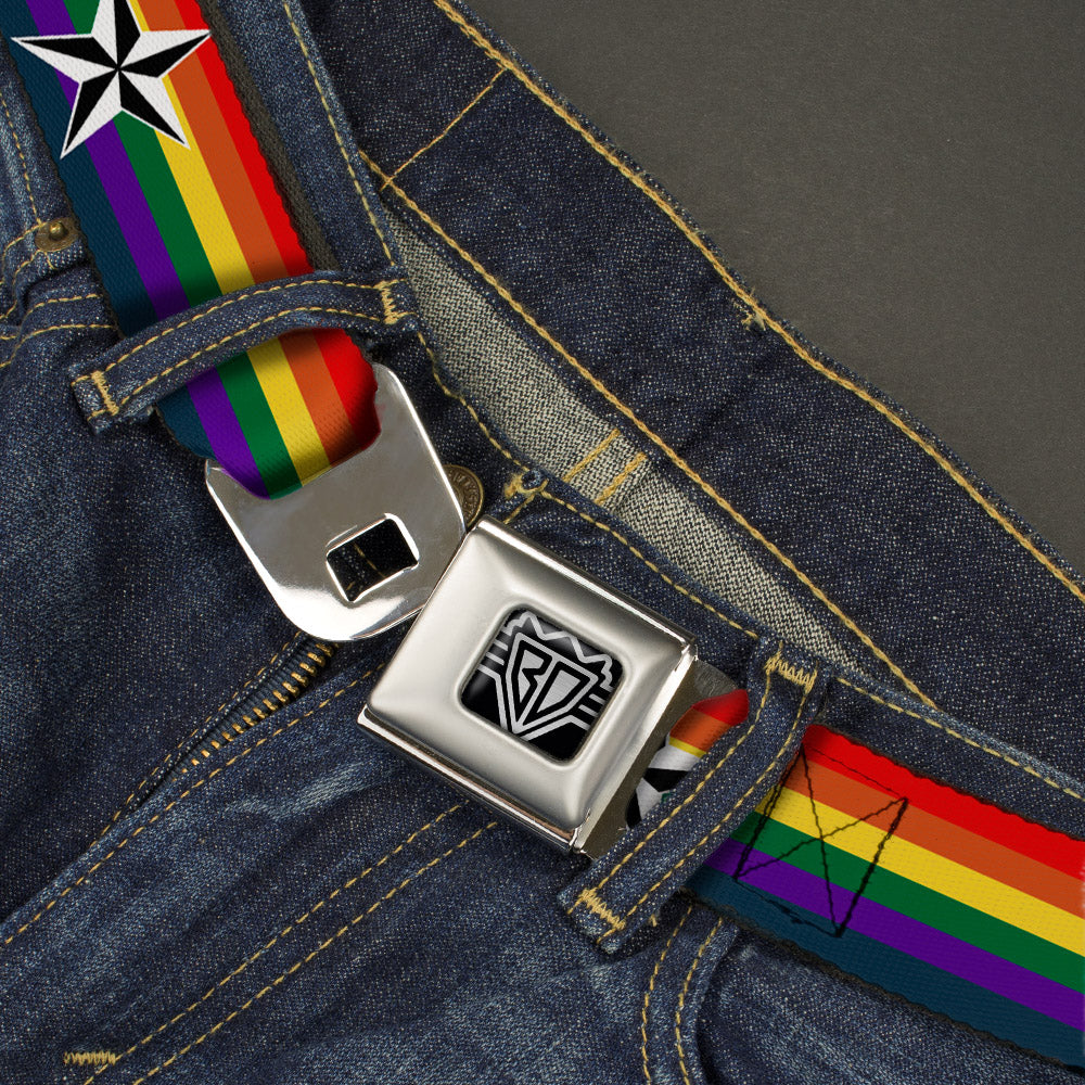 BD Wings Logo CLOSE-UP Full Color Black Silver Seatbelt Belt - Nautical Star Rainbow/White/Black Webbing Seatbelt Belts Buckle-Down