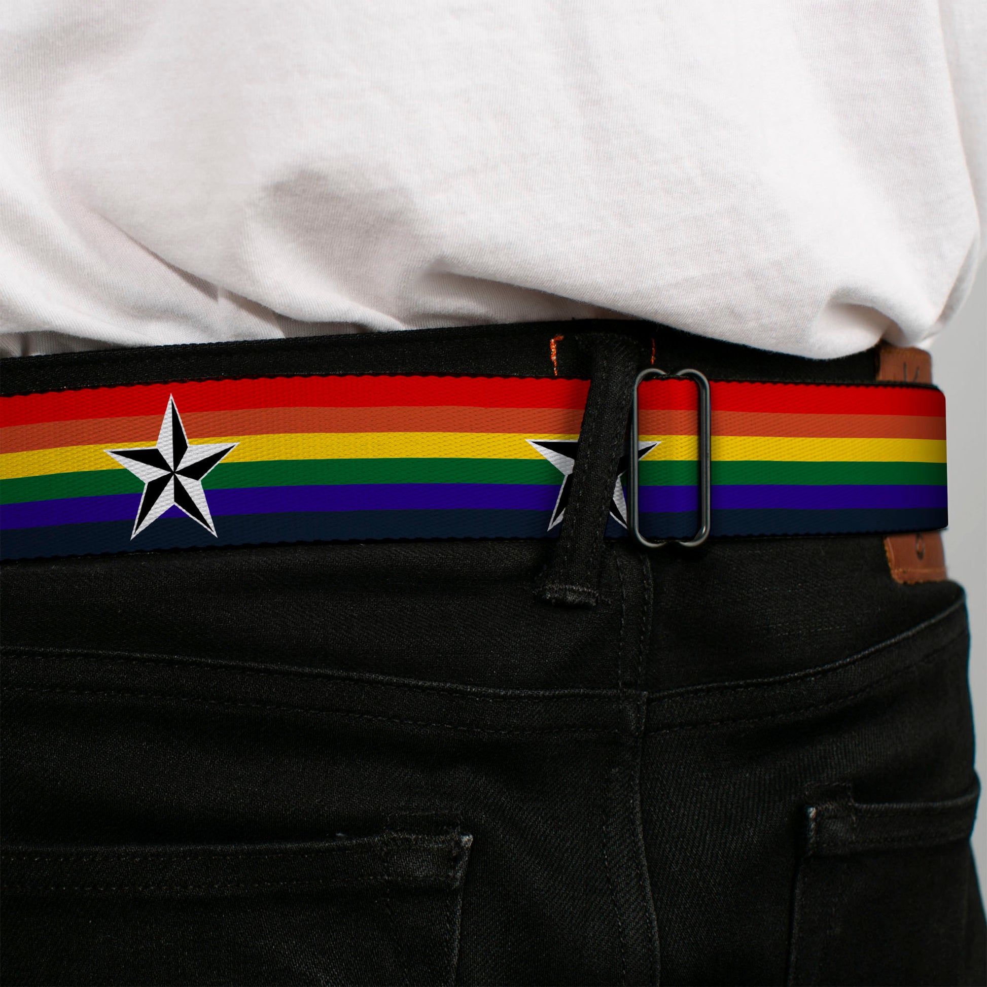 BD Wings Logo CLOSE-UP Full Color Black Silver Seatbelt Belt - Nautical Star Rainbow/White/Black Webbing Seatbelt Belts Buckle-Down