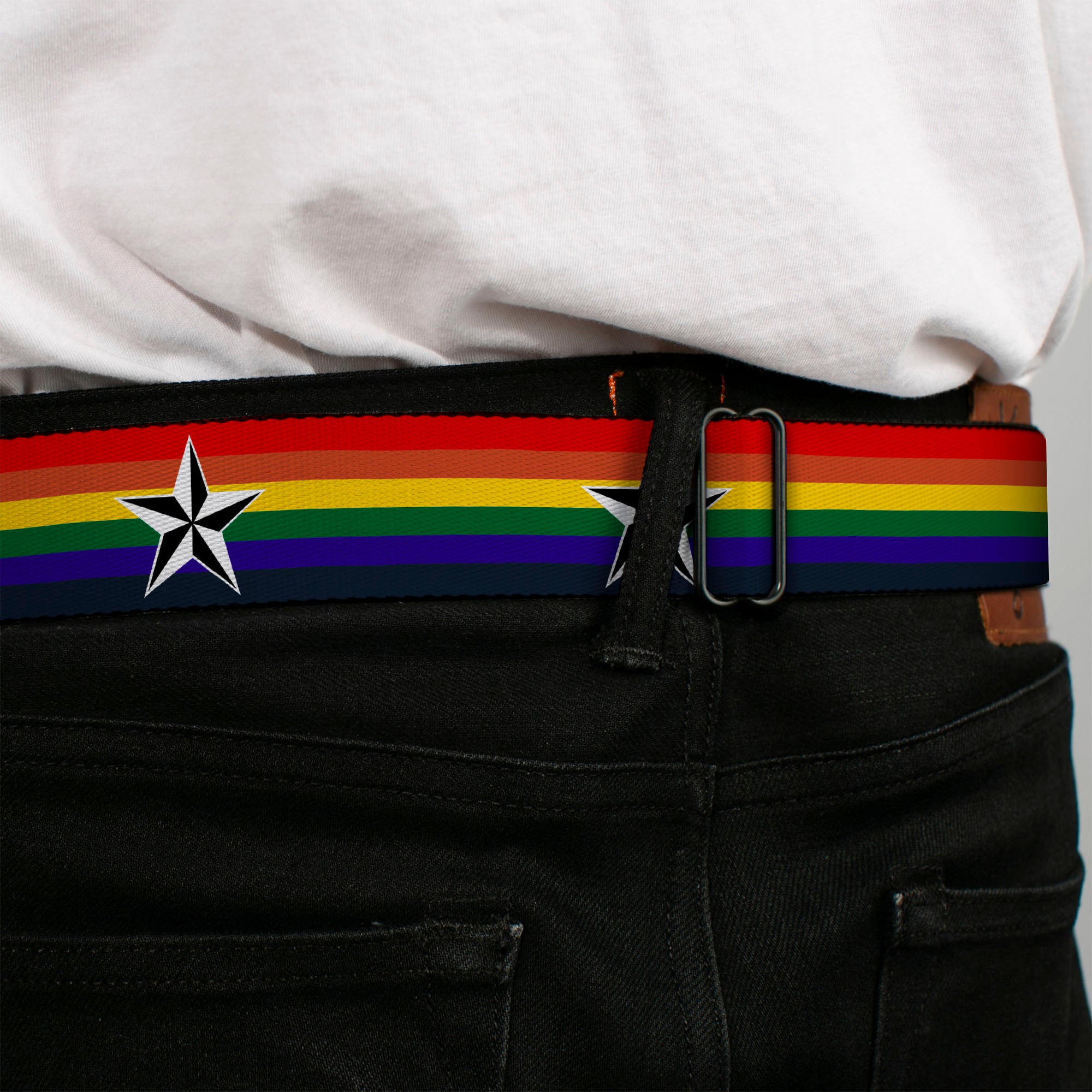 BD Wings Logo CLOSE-UP Full Color Black Silver Seatbelt Belt - Nautical Star Rainbow/White/Black Webbing Seatbelt Belts Buckle-Down