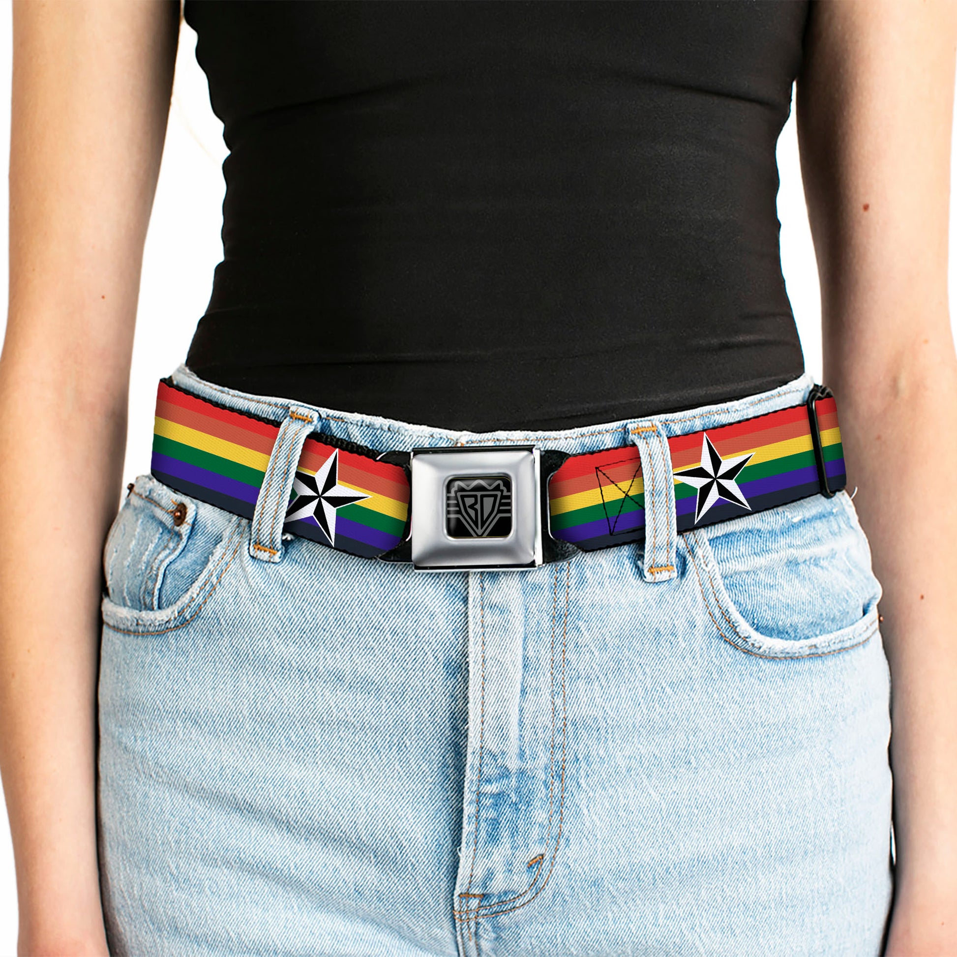 BD Wings Logo CLOSE-UP Full Color Black Silver Seatbelt Belt - Nautical Star Rainbow/White/Black Webbing Seatbelt Belts Buckle-Down