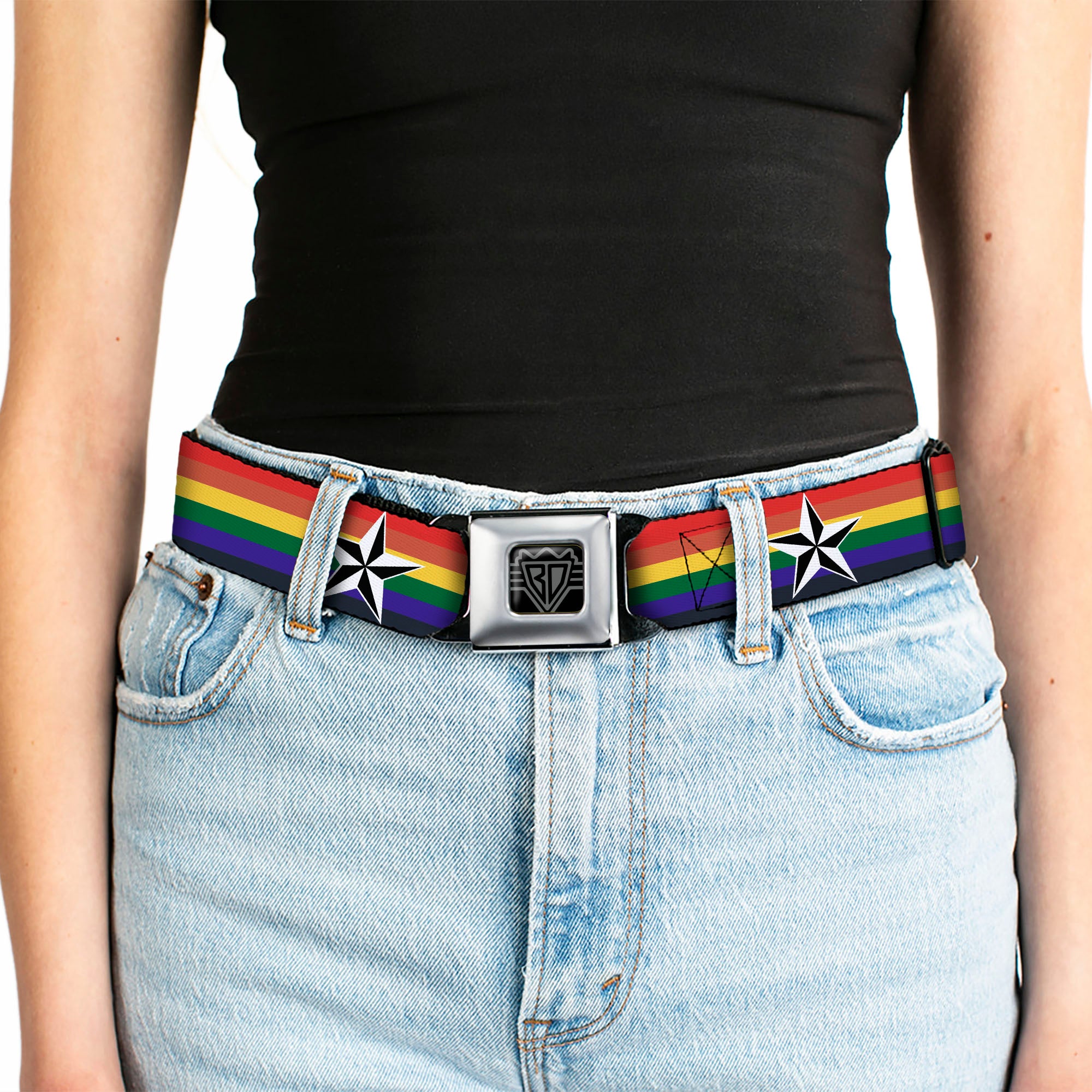 BD Wings Logo CLOSE-UP Full Color Black Silver Seatbelt Belt - Nautical Star Rainbow/White/Black Webbing Seatbelt Belts Buckle-Down