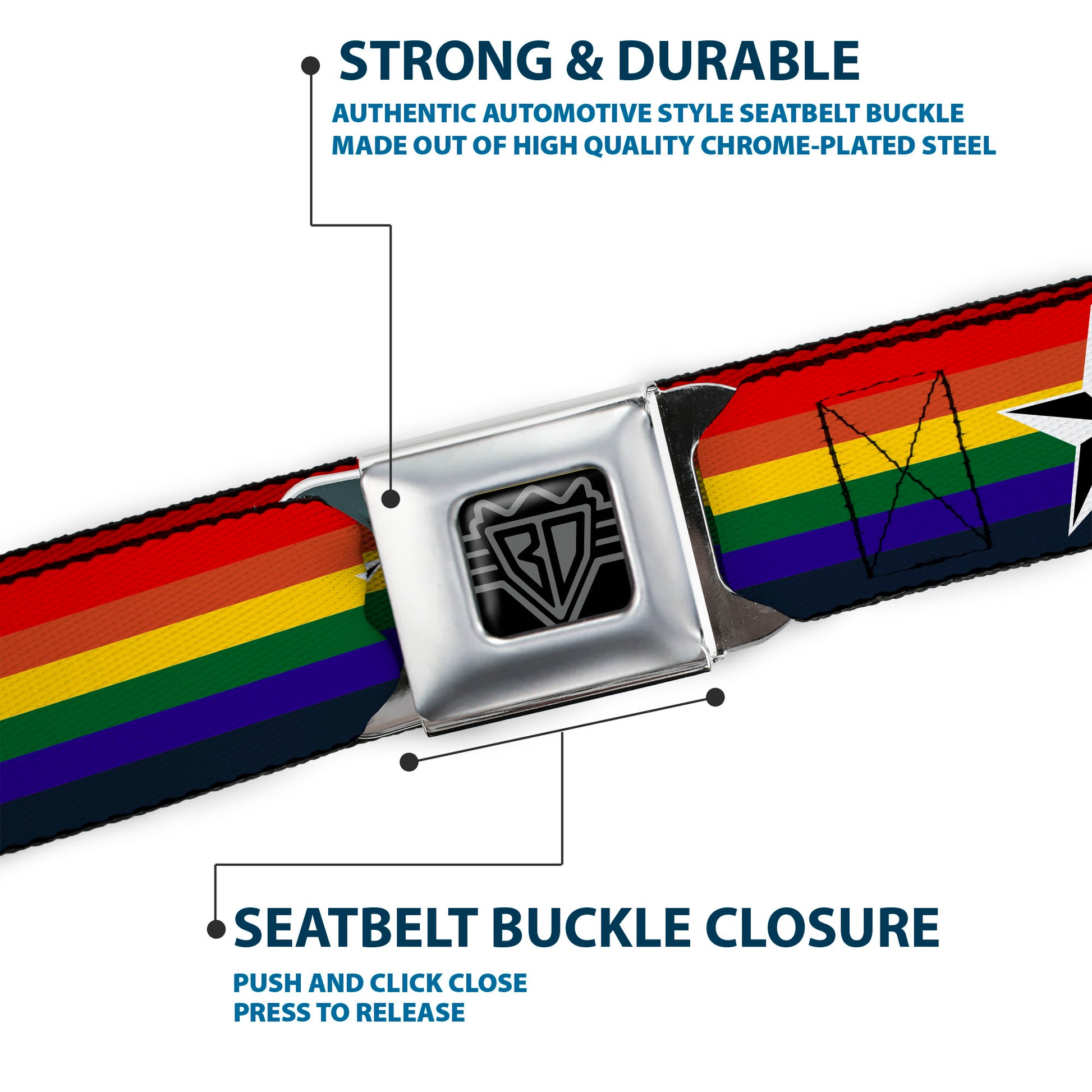 BD Wings Logo CLOSE-UP Full Color Black Silver Seatbelt Belt - Nautical Star Rainbow/White/Black Webbing Seatbelt Belts Buckle-Down