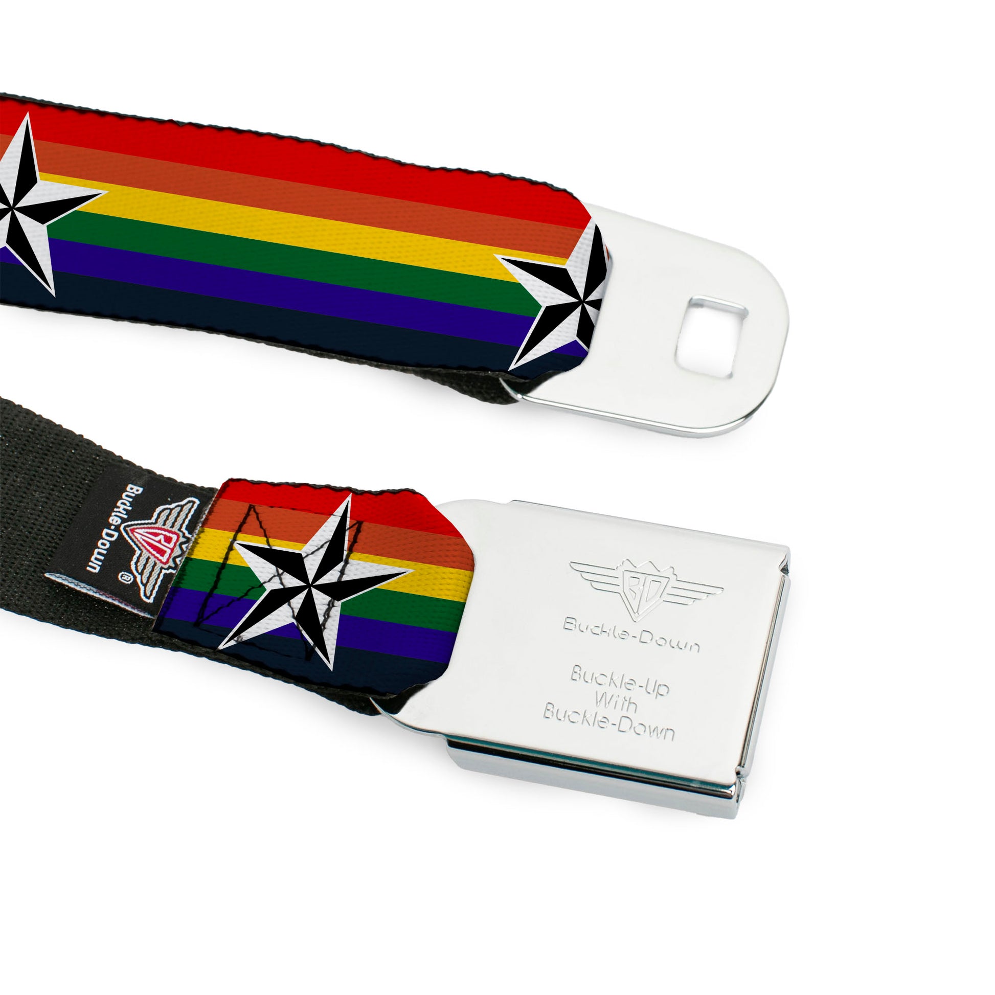 BD Wings Logo CLOSE-UP Full Color Black Silver Seatbelt Belt - Nautical Star Rainbow/White/Black Webbing Seatbelt Belts Buckle-Down