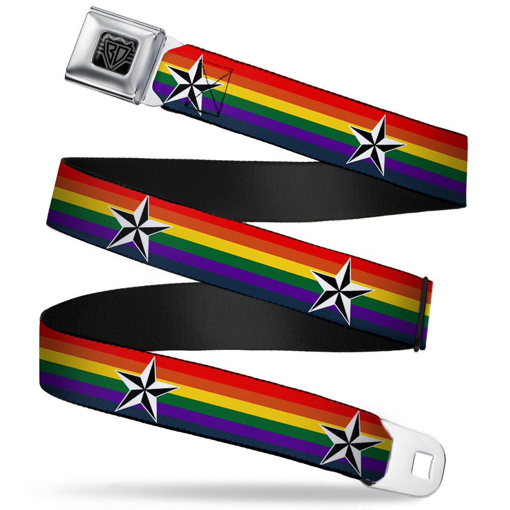 BD Wings Logo CLOSE-UP Full Color Black Silver Seatbelt Belt - Nautical Star Rainbow/White/Black Webbing Seatbelt Belts Buckle-Down
