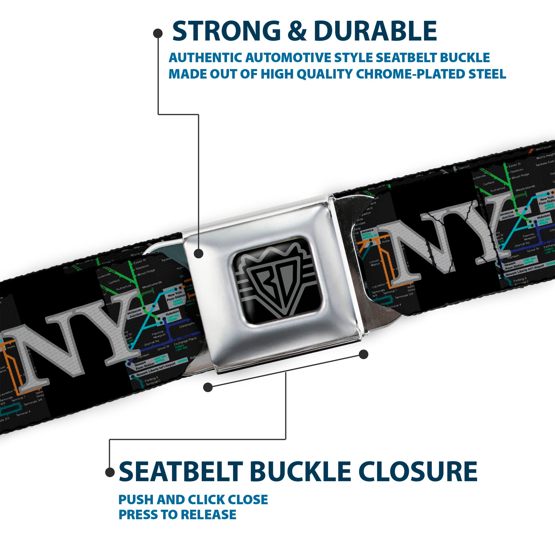 BD Wings Logo CLOSE-UP Full Color Black Silver Seatbelt Belt - New York Subway Webbing Seatbelt Belts Buckle-Down