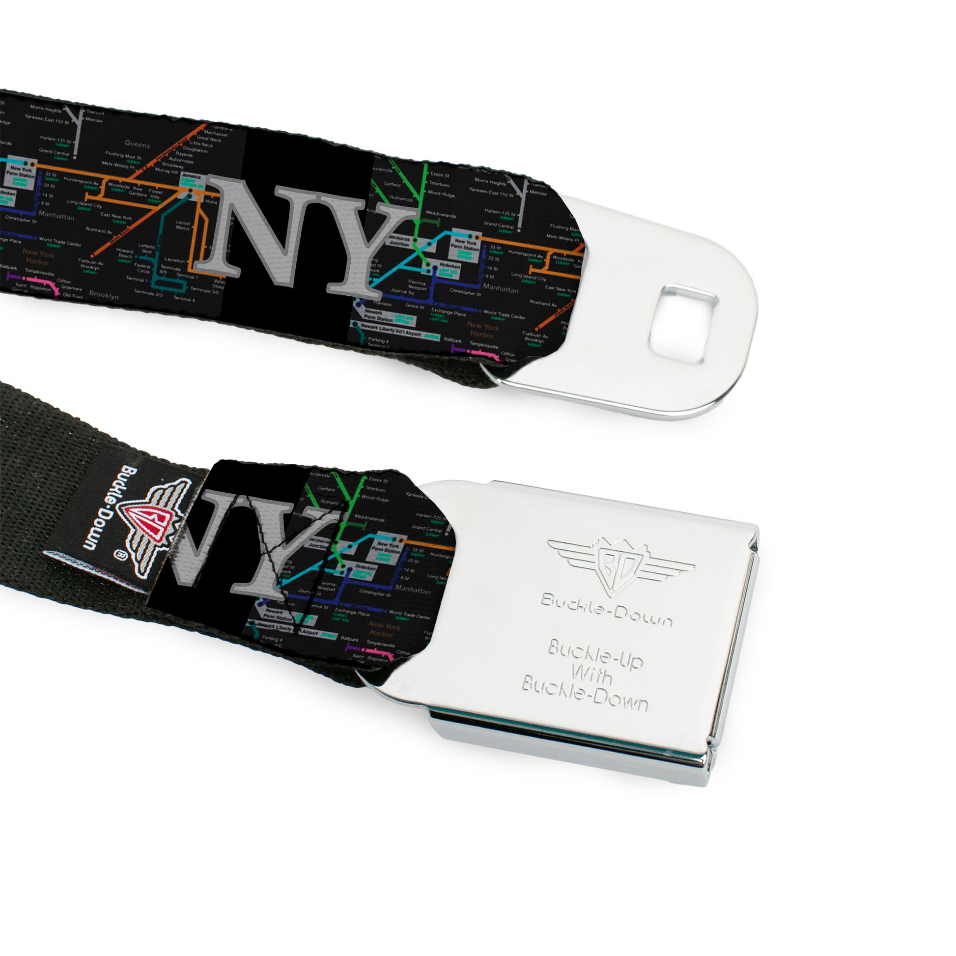 BD Wings Logo CLOSE-UP Full Color Black Silver Seatbelt Belt - New York Subway Webbing Seatbelt Belts Buckle-Down