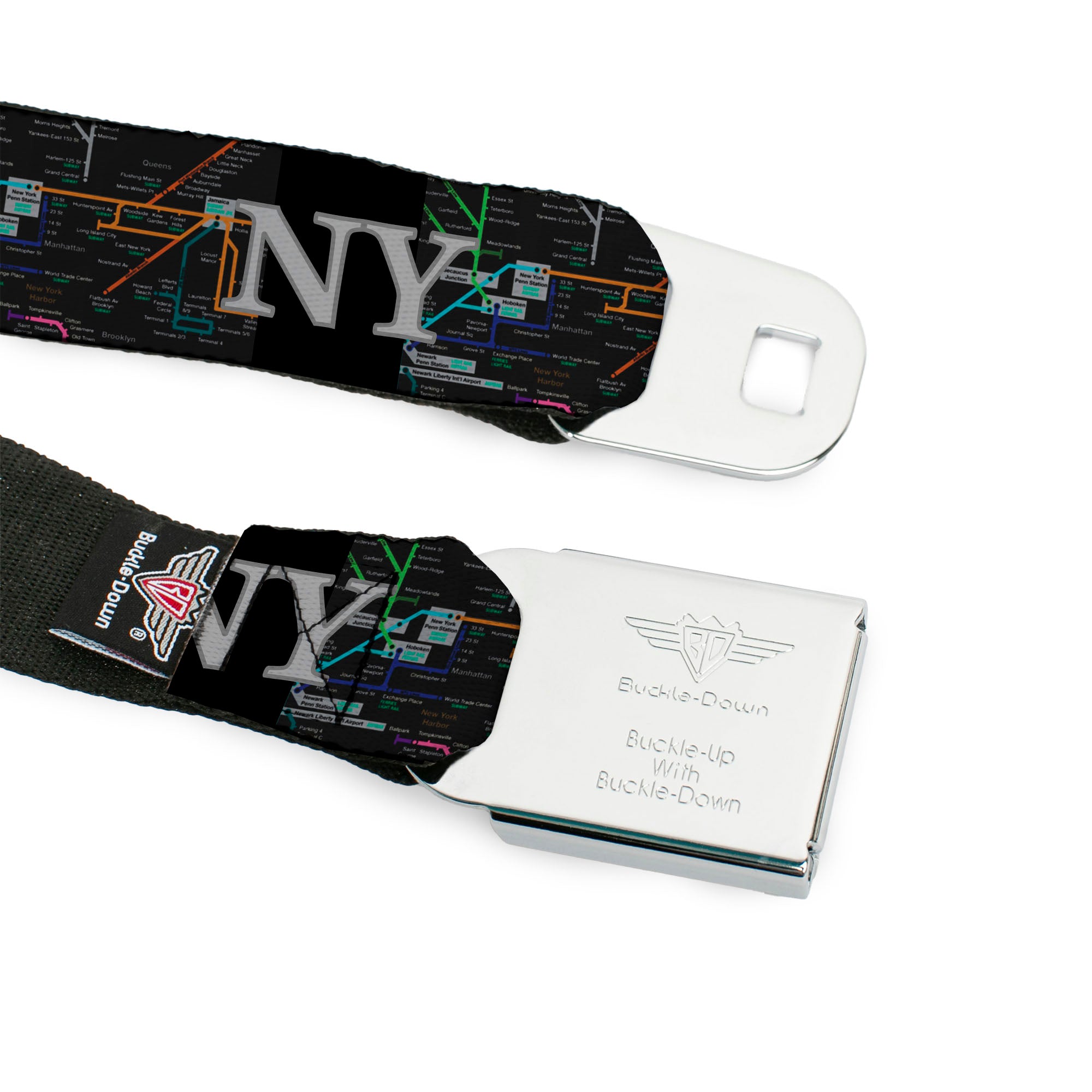 BD Wings Logo CLOSE-UP Full Color Black Silver Seatbelt Belt - New York Subway Webbing Seatbelt Belts Buckle-Down