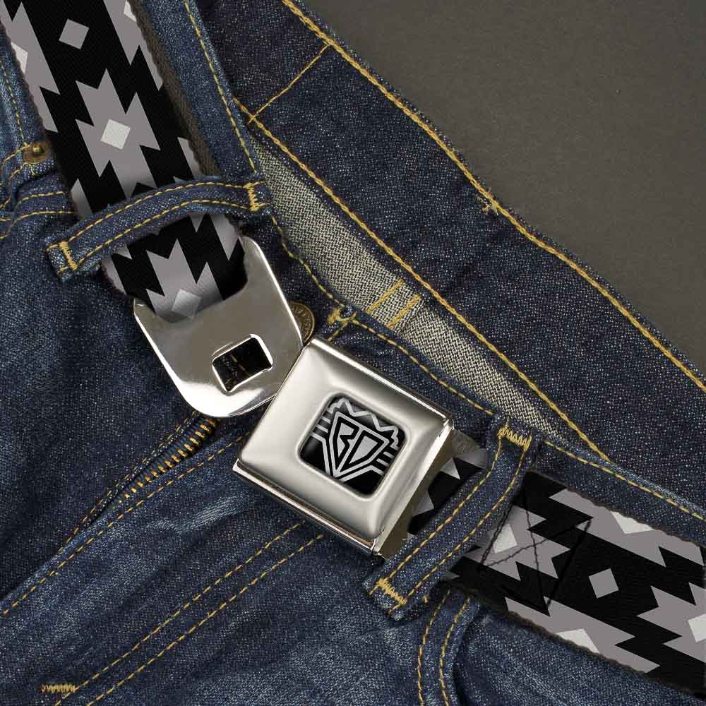 BD Wings Logo CLOSE-UP Full Color Black Silver Seatbelt Belt - Navajo Gray/Black/Gray/White Webbing Seatbelt Belts Buckle-Down