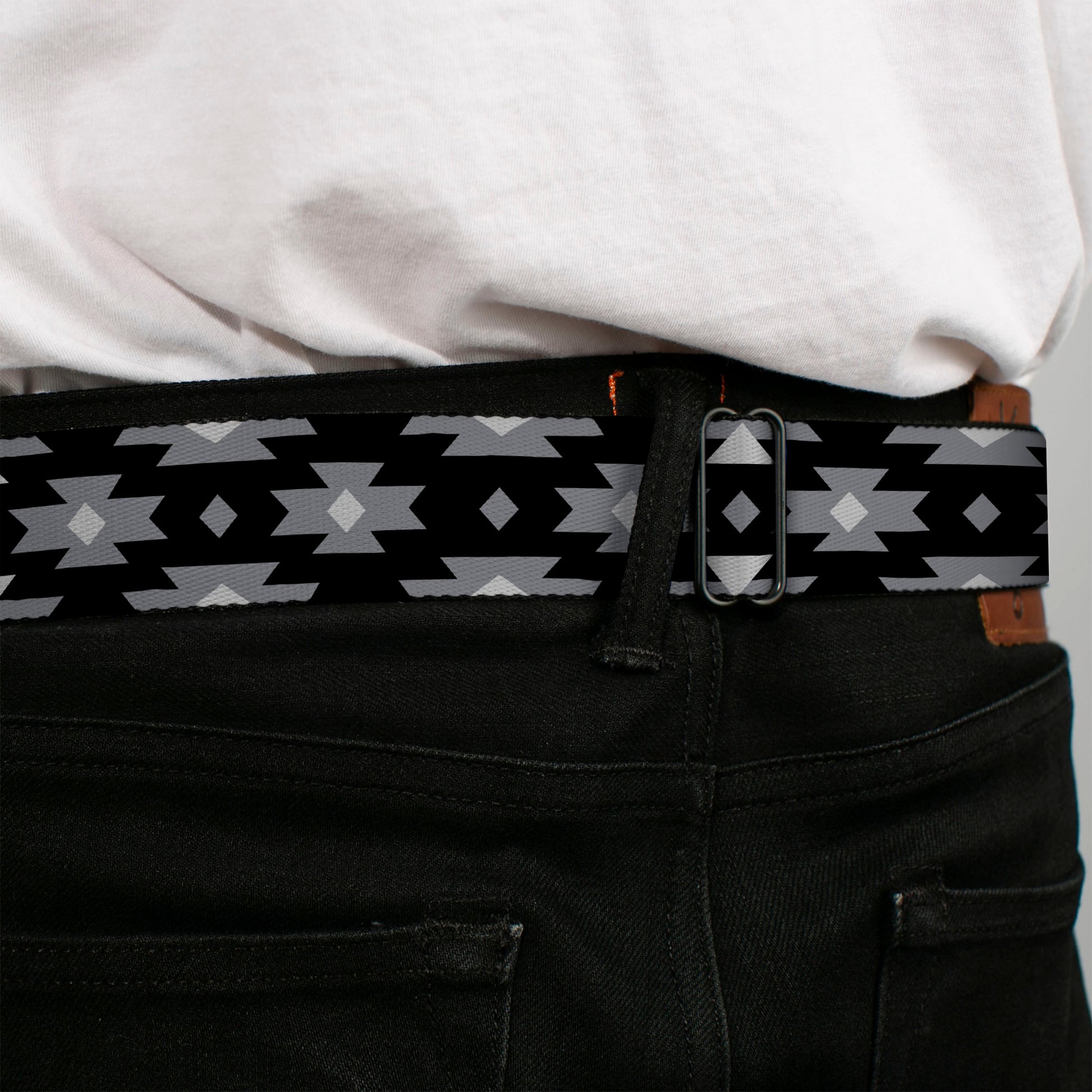 BD Wings Logo CLOSE-UP Full Color Black Silver Seatbelt Belt - Navajo Gray/Black/Gray/White Webbing Seatbelt Belts Buckle-Down