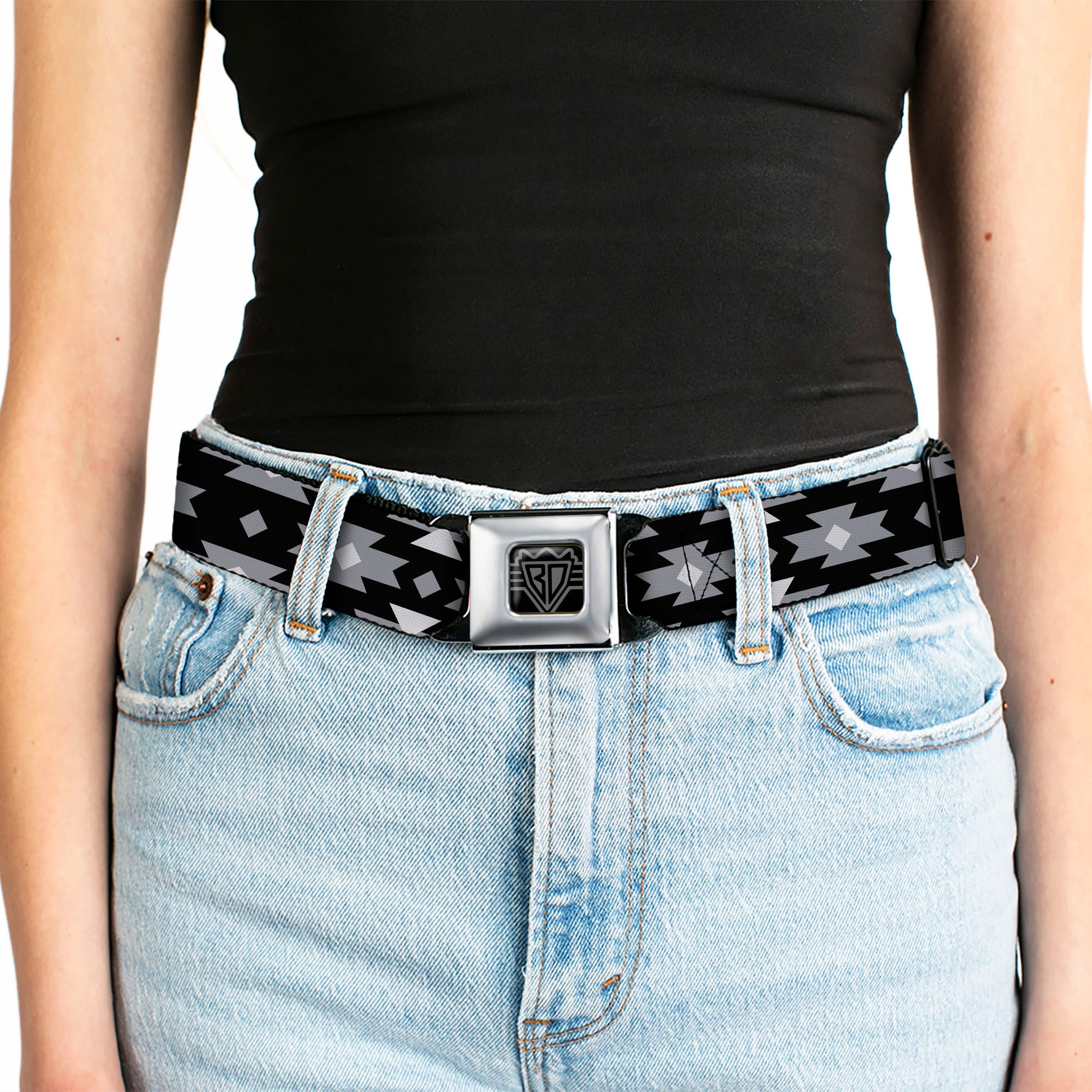 BD Wings Logo CLOSE-UP Full Color Black Silver Seatbelt Belt - Navajo Gray/Black/Gray/White Webbing Seatbelt Belts Buckle-Down