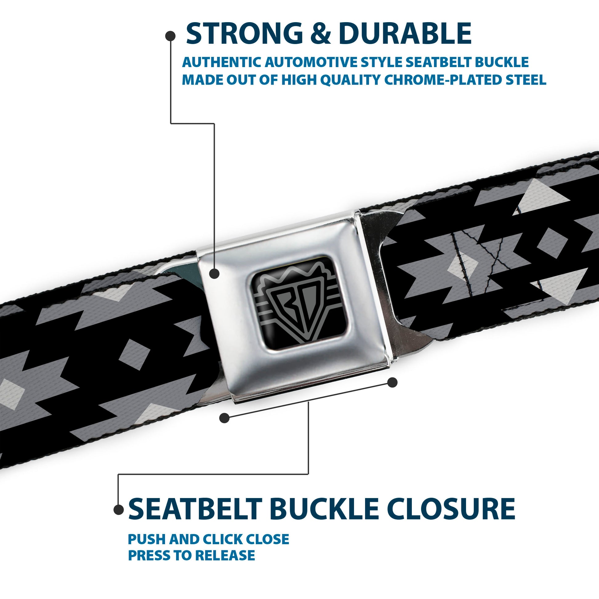 BD Wings Logo CLOSE-UP Full Color Black Silver Seatbelt Belt - Navajo Gray/Black/Gray/White Webbing Seatbelt Belts Buckle-Down