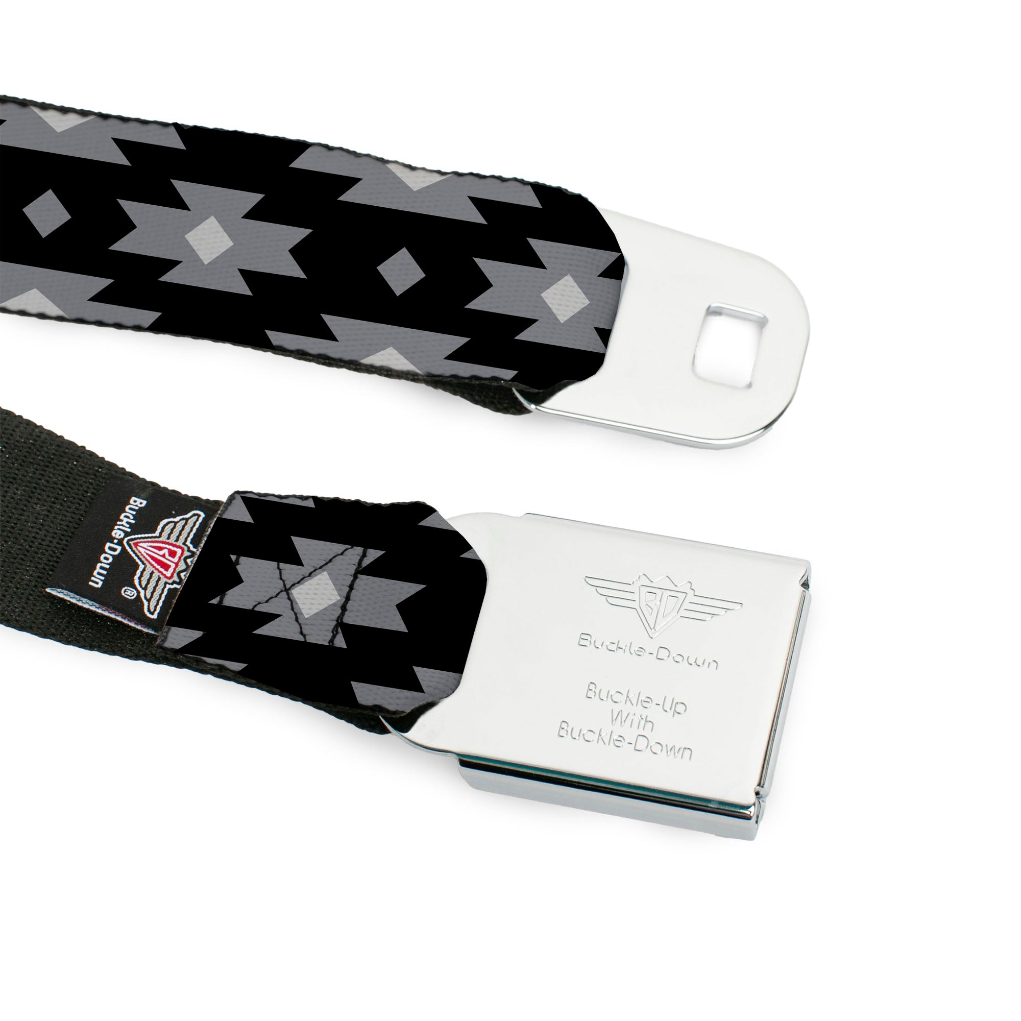 BD Wings Logo CLOSE-UP Full Color Black Silver Seatbelt Belt - Navajo Gray/Black/Gray/White Webbing Seatbelt Belts Buckle-Down
