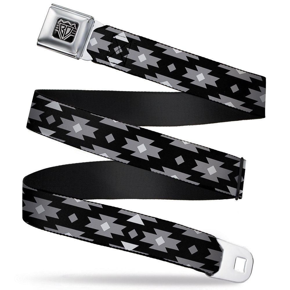 BD Wings Logo CLOSE-UP Full Color Black Silver Seatbelt Belt - Navajo Gray/Black/Gray/White Webbing Seatbelt Belts Buckle-Down