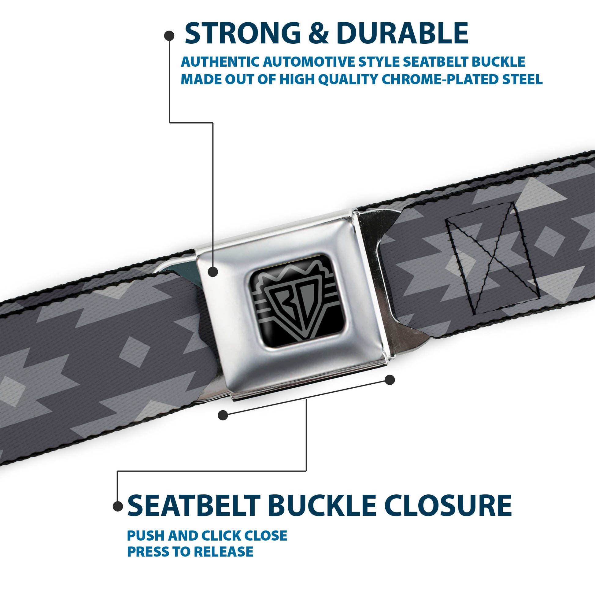 BD Wings Logo CLOSE-UP Full Color Black Silver Seatbelt Belt - Navajo Grays Webbing Seatbelt Belts Buckle-Down