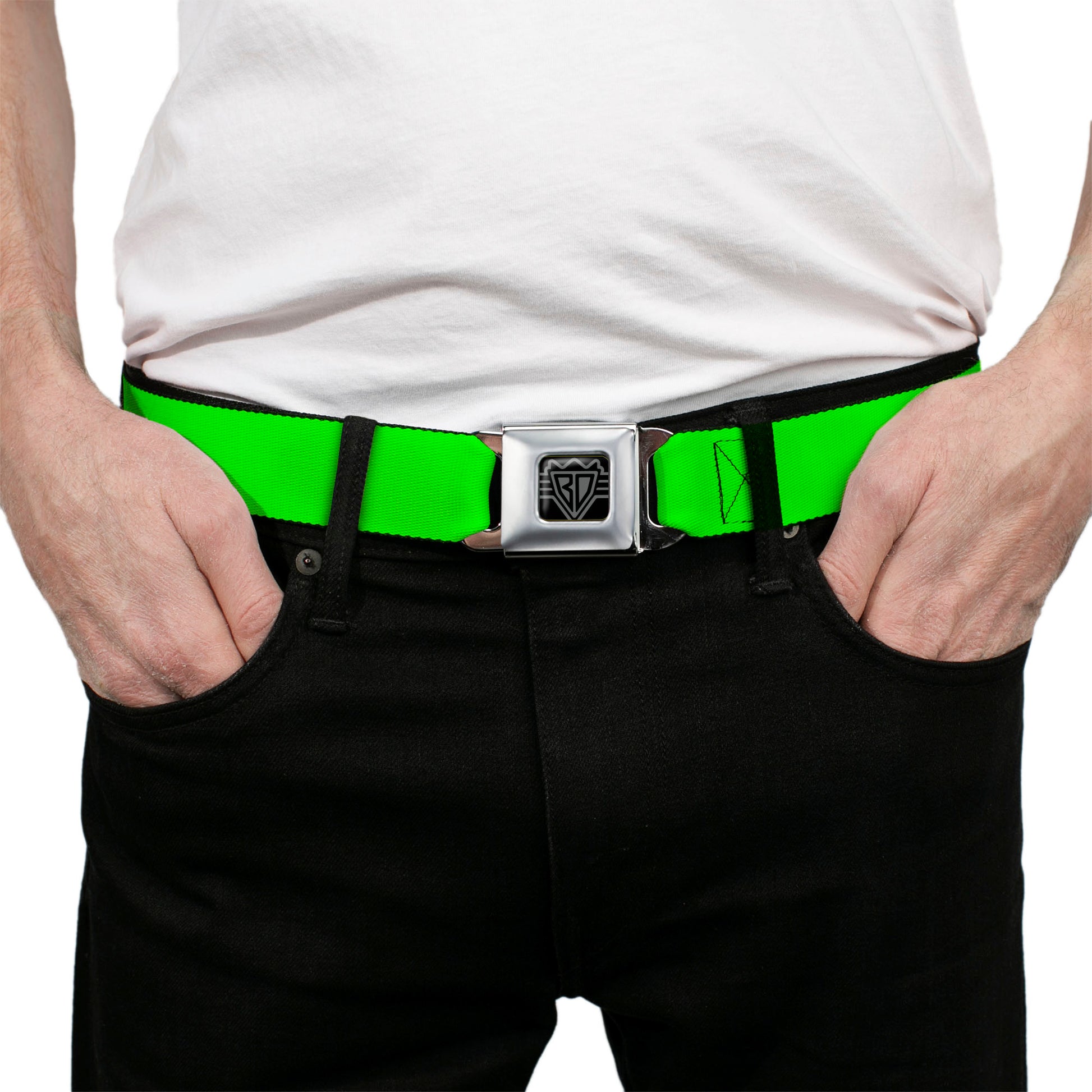 BD Wings Logo CLOSE-UP Full Color Black Silver Seatbelt Belt - Neon Green Webbing Seatbelt Belts Buckle-Down