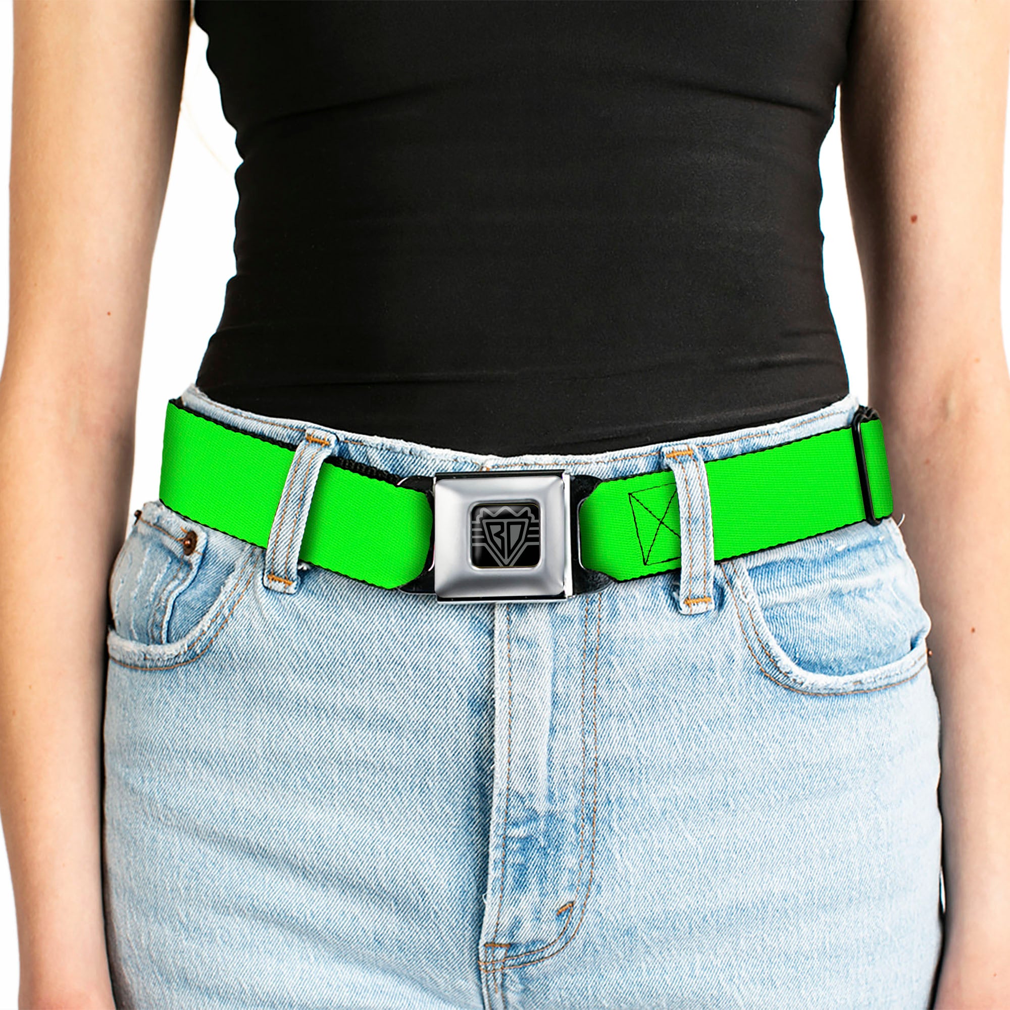BD Wings Logo CLOSE-UP Full Color Black Silver Seatbelt Belt - Neon Green Webbing Seatbelt Belts Buckle-Down