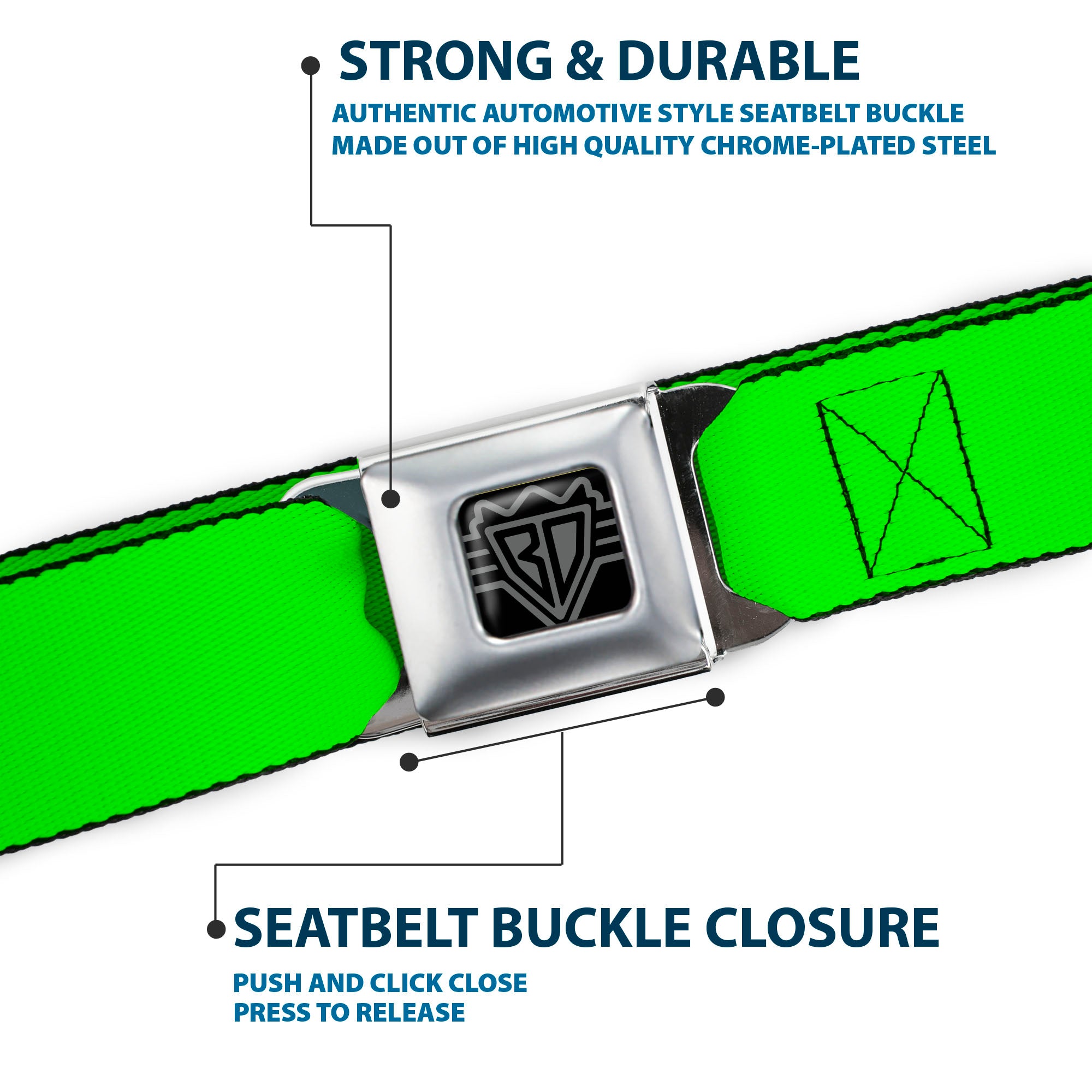 BD Wings Logo CLOSE-UP Full Color Black Silver Seatbelt Belt - Neon Green Webbing Seatbelt Belts Buckle-Down