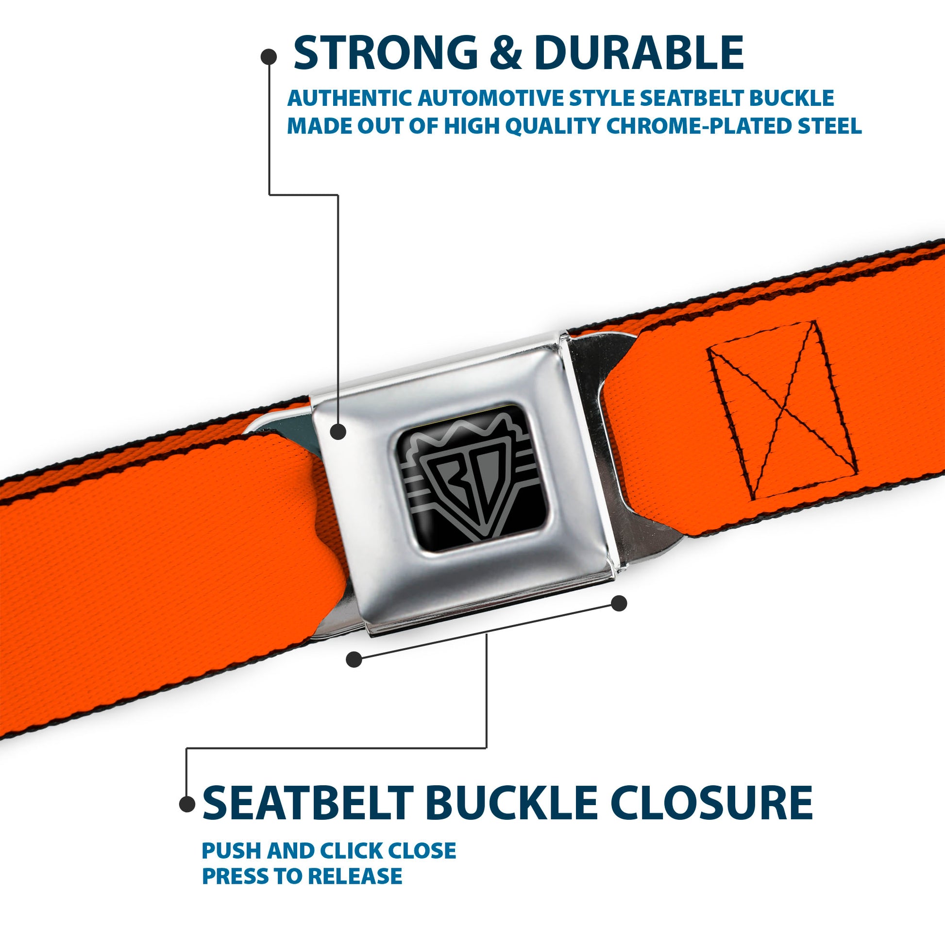 BD Wings Logo CLOSE-UP Full Color Black Silver Seatbelt Belt - Neon Orange Webbing Seatbelt Belts Buckle-Down