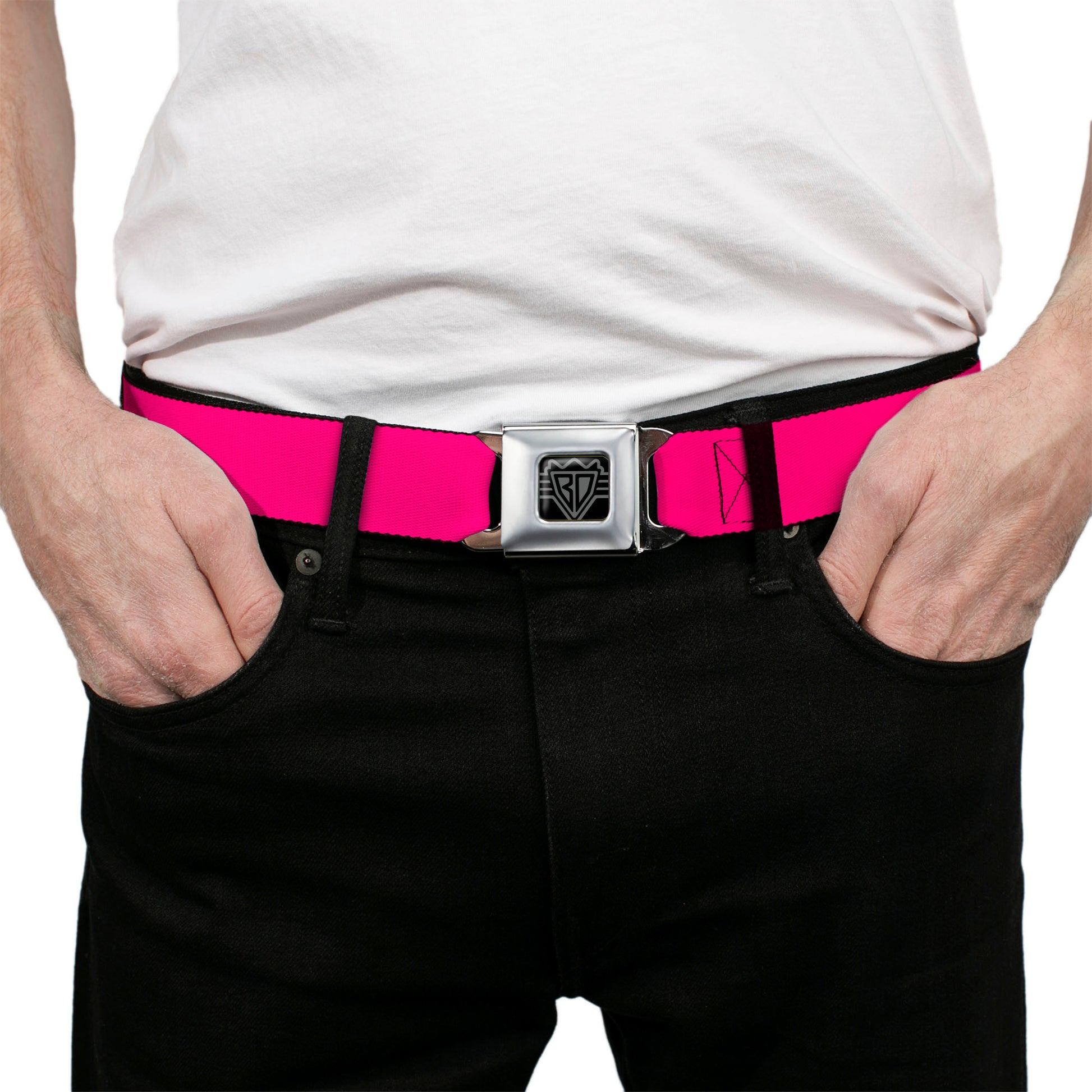 BD Wings Logo CLOSE-UP Full Color Black Silver Seatbelt Belt - Neon Pink Print Webbing Seatbelt Belts Buckle-Down