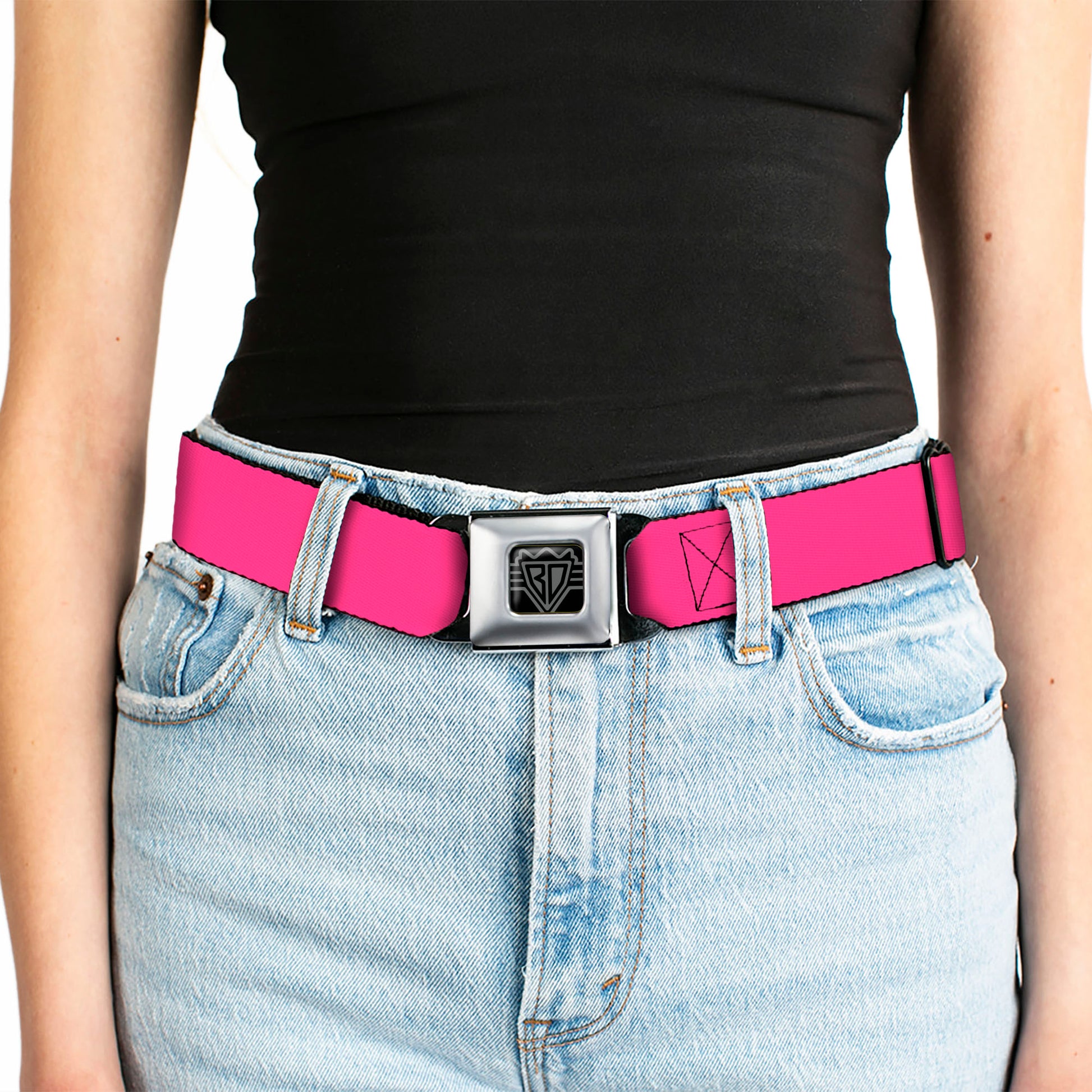 BD Wings Logo CLOSE-UP Full Color Black Silver Seatbelt Belt - Neon Pink Print Webbing Seatbelt Belts Buckle-Down