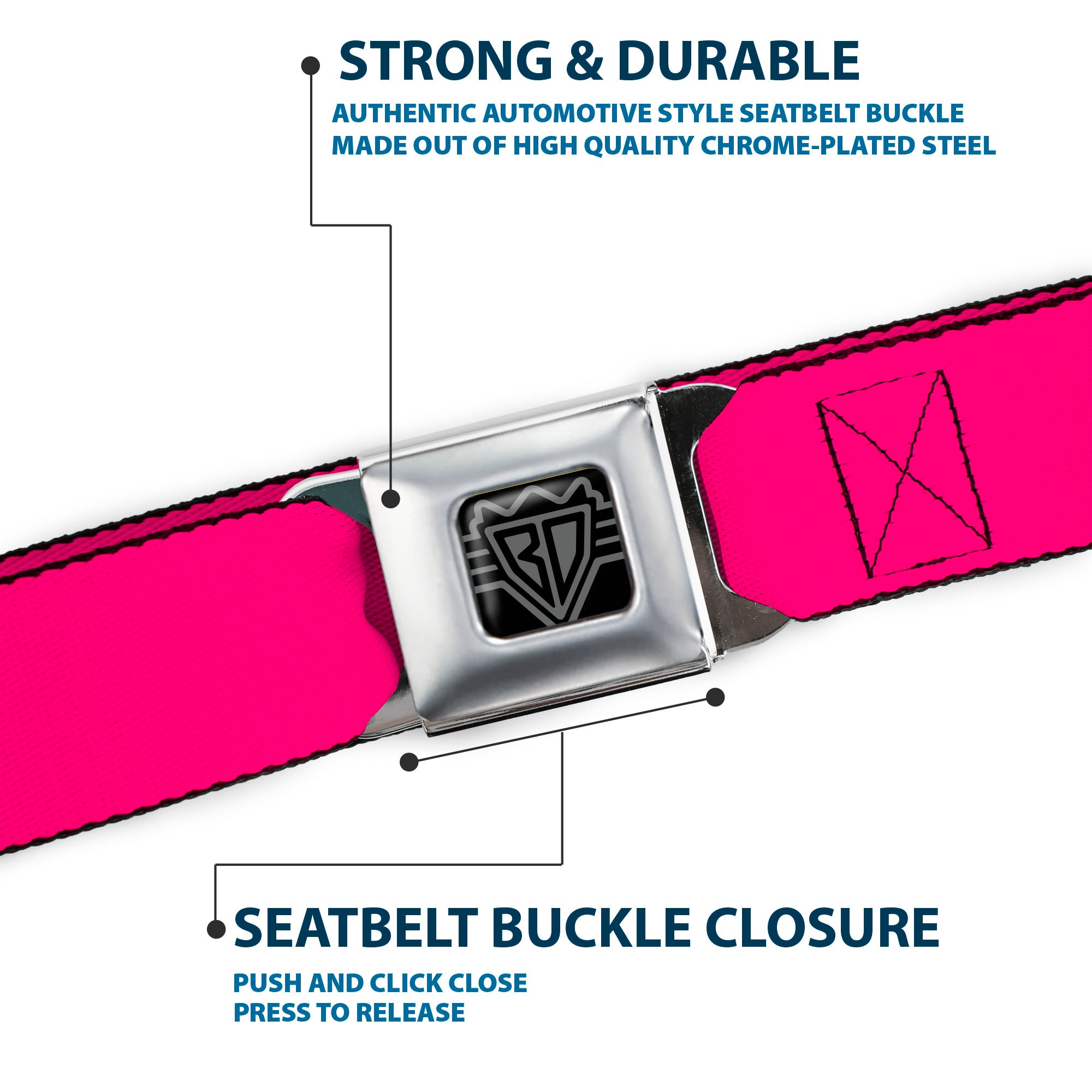 BD Wings Logo CLOSE-UP Full Color Black Silver Seatbelt Belt - Neon Pink Print Webbing Seatbelt Belts Buckle-Down