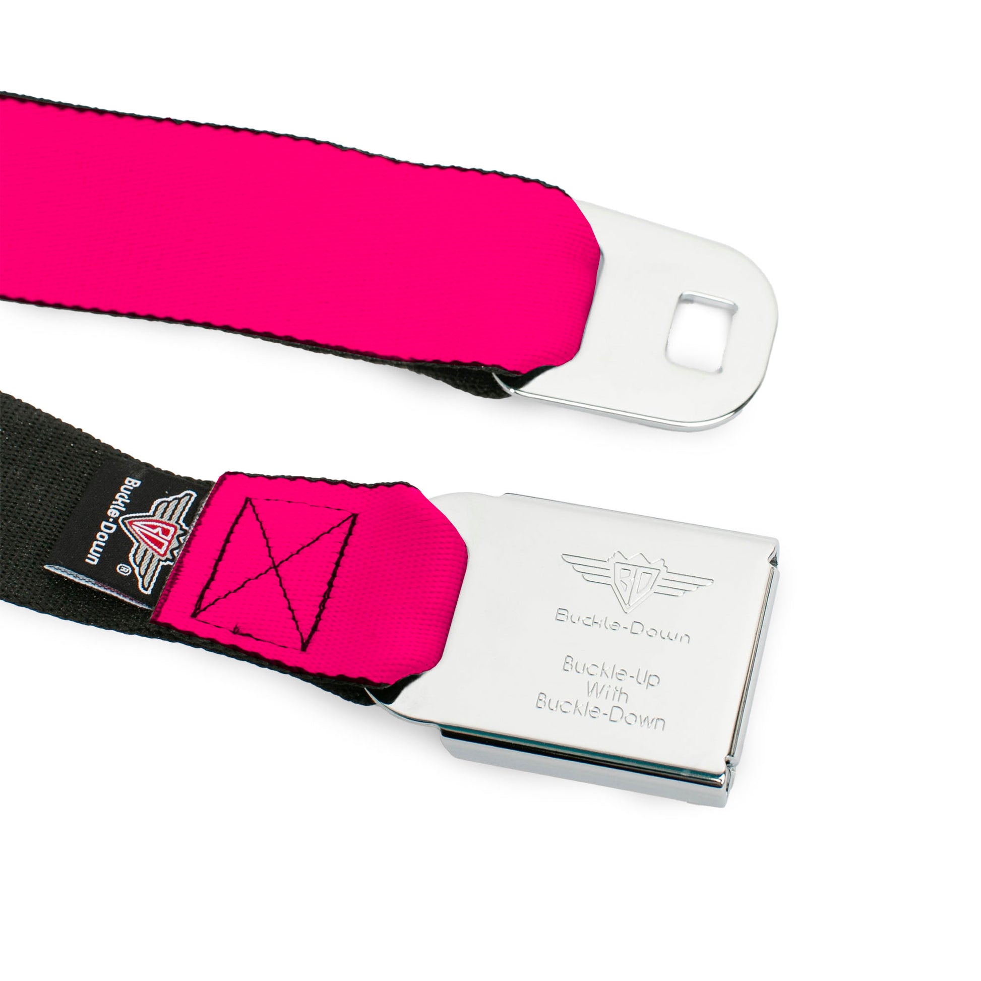 BD Wings Logo CLOSE-UP Full Color Black Silver Seatbelt Belt - Neon Pink Print Webbing Seatbelt Belts Buckle-Down