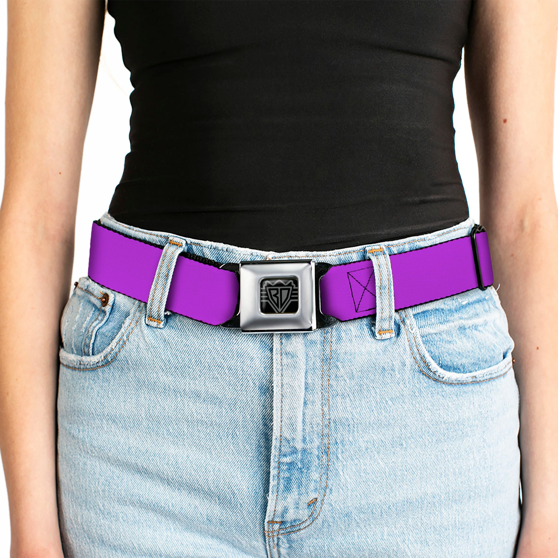 BD Wings Logo CLOSE-UP Full Color Black Silver Seatbelt Belt - Neon Purple Webbing Seatbelt Belts Buckle-Down