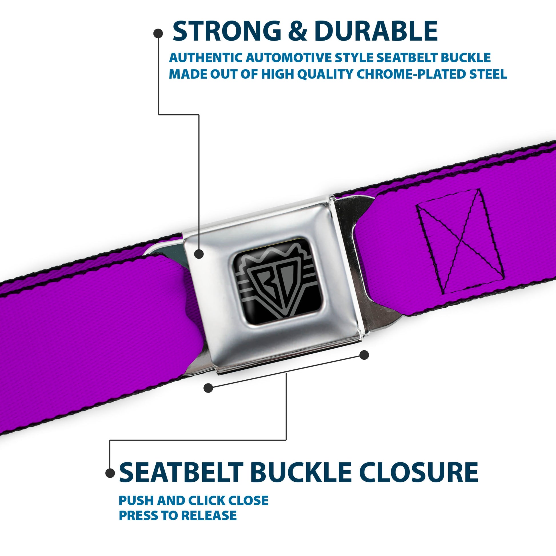 BD Wings Logo CLOSE-UP Full Color Black Silver Seatbelt Belt - Neon Purple Webbing Seatbelt Belts Buckle-Down