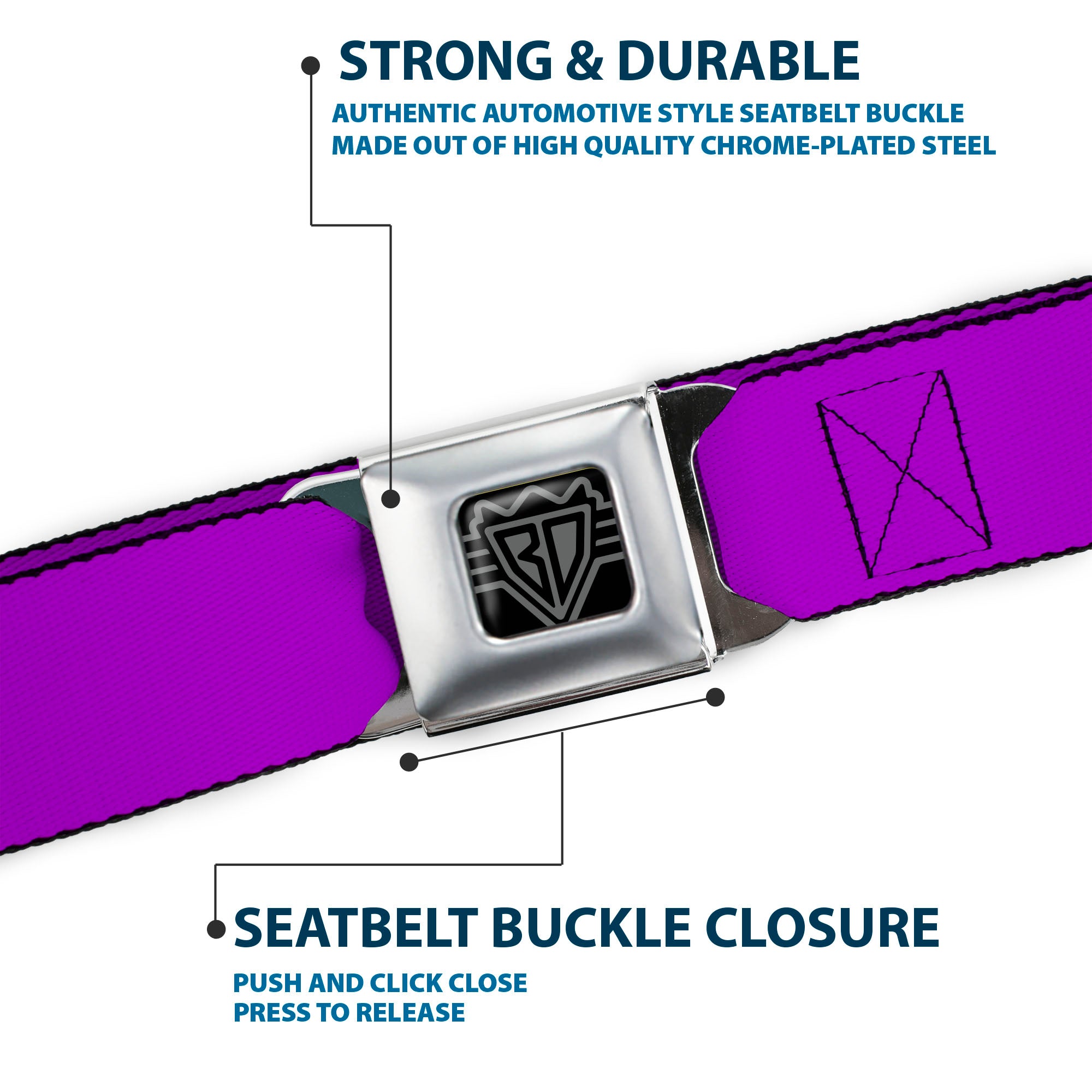 BD Wings Logo CLOSE-UP Full Color Black Silver Seatbelt Belt - Neon Purple Webbing Seatbelt Belts Buckle-Down