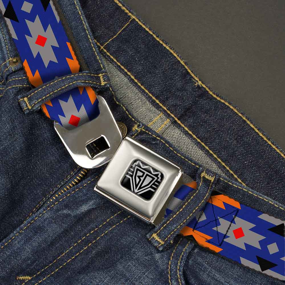 BD Wings Logo CLOSE-UP Full Color Black Silver Seatbelt Belt - Navajo Gray/Blue/Orange/Black Webbing Seatbelt Belts Buckle-Down