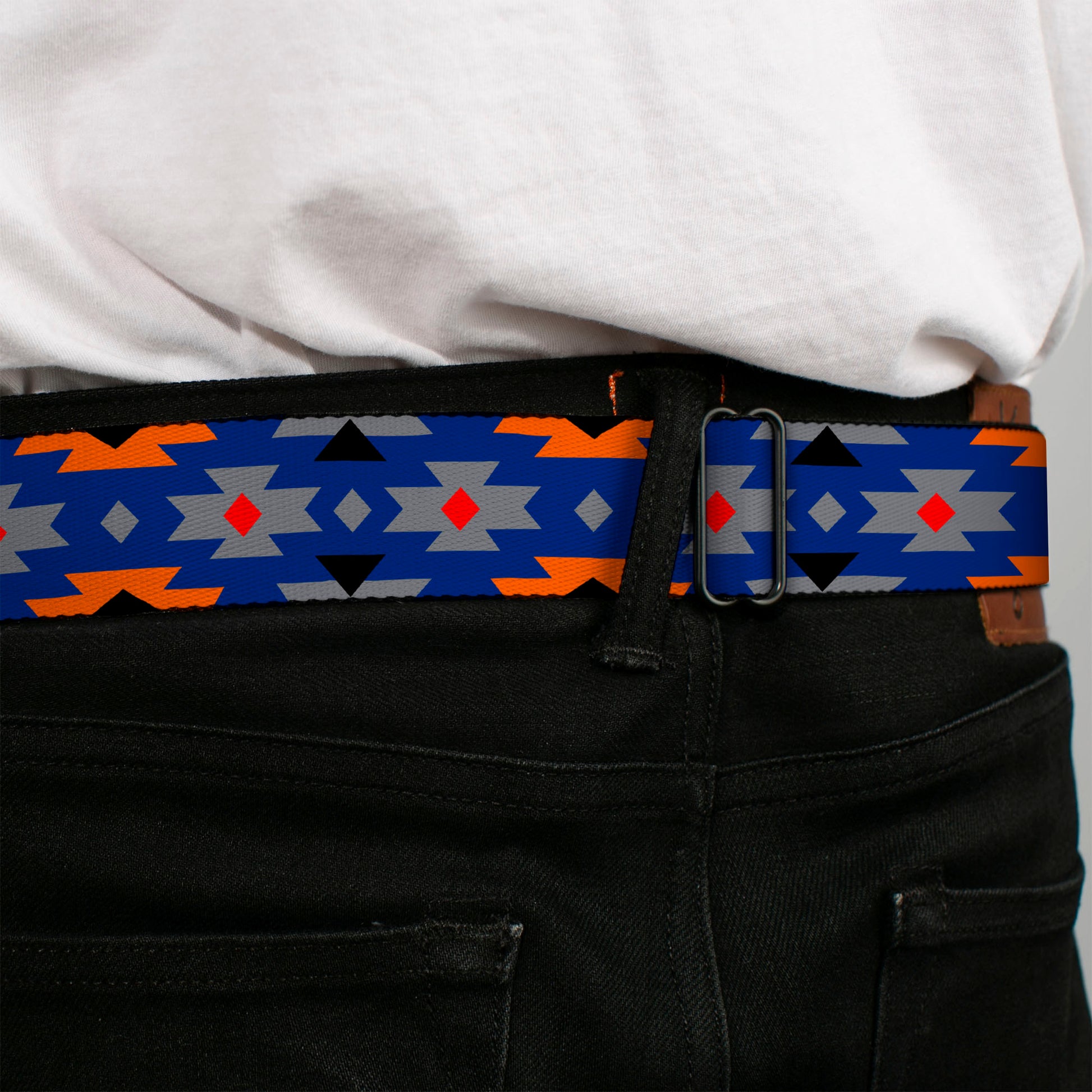 BD Wings Logo CLOSE-UP Full Color Black Silver Seatbelt Belt - Navajo Gray/Blue/Orange/Black Webbing Seatbelt Belts Buckle-Down