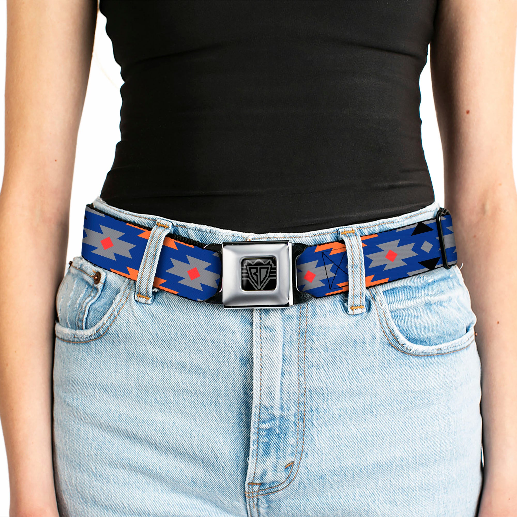 BD Wings Logo CLOSE-UP Full Color Black Silver Seatbelt Belt - Navajo Gray/Blue/Orange/Black Webbing Seatbelt Belts Buckle-Down
