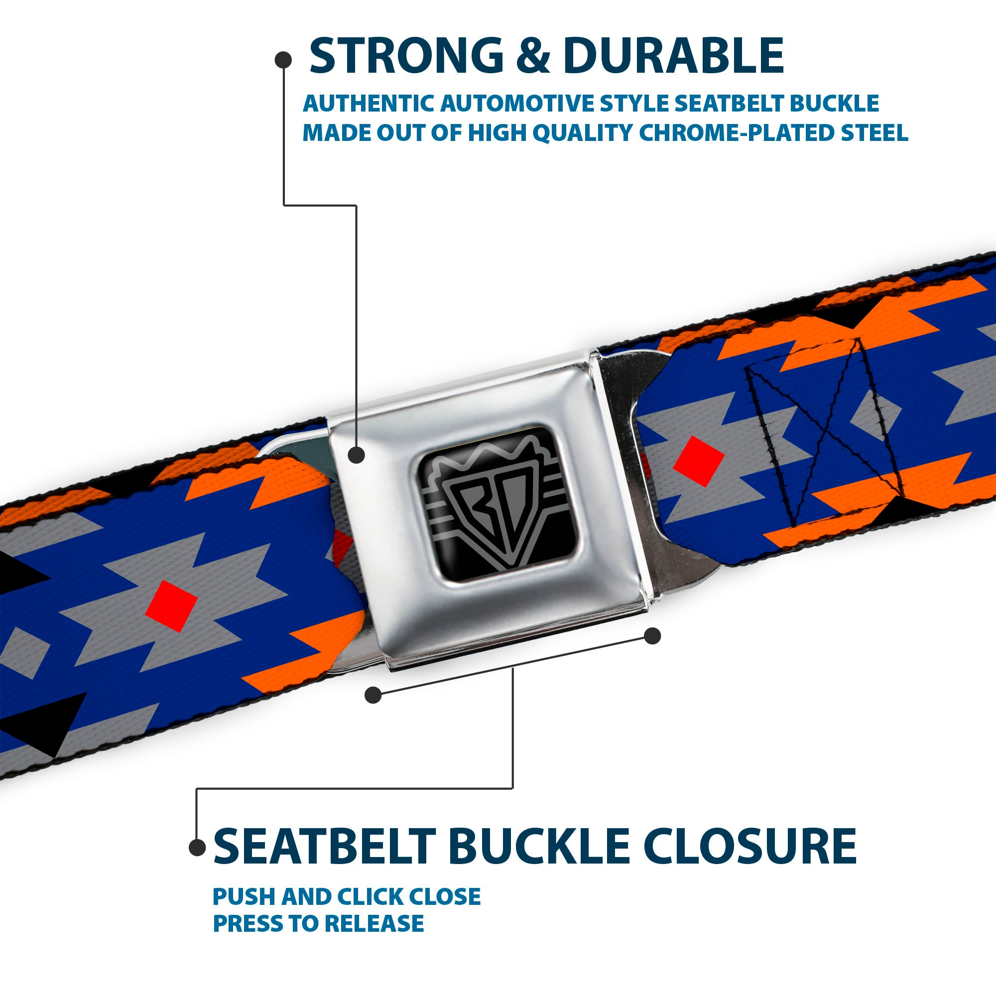 BD Wings Logo CLOSE-UP Full Color Black Silver Seatbelt Belt - Navajo Gray/Blue/Orange/Black Webbing Seatbelt Belts Buckle-Down