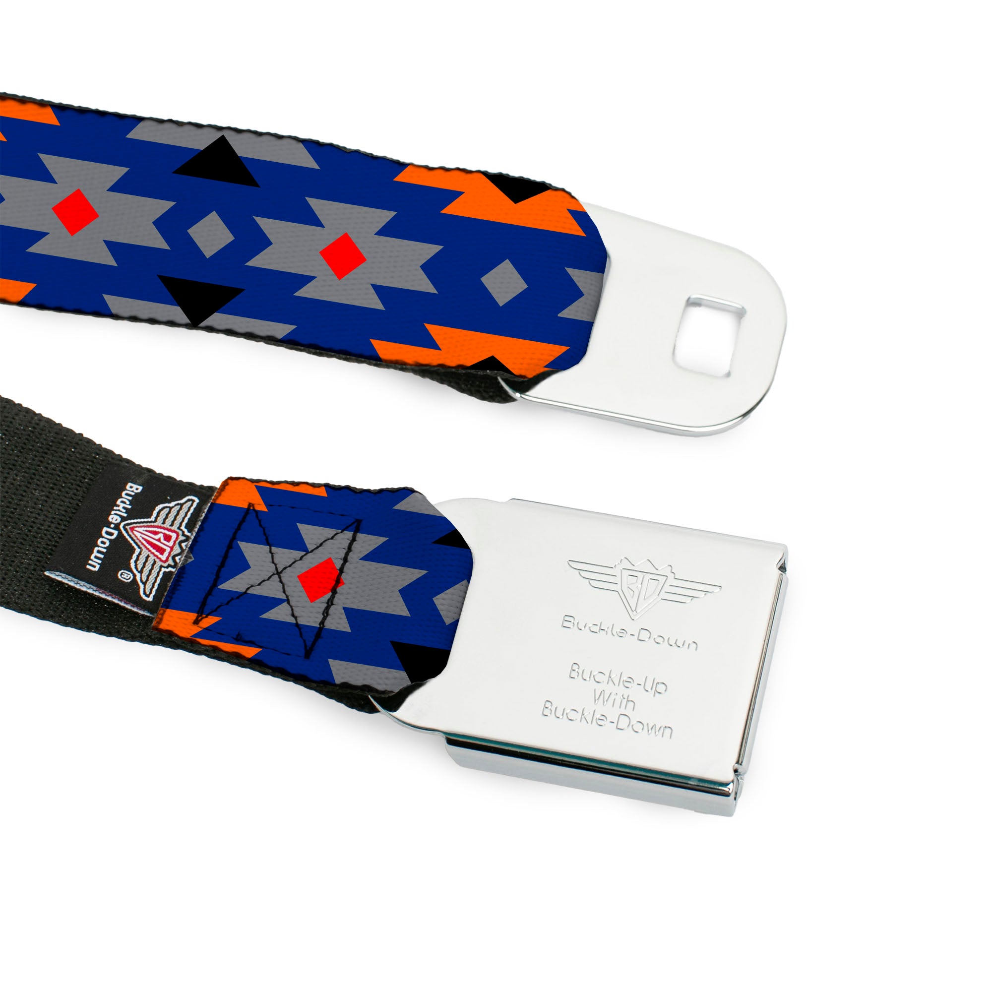 BD Wings Logo CLOSE-UP Full Color Black Silver Seatbelt Belt - Navajo Gray/Blue/Orange/Black Webbing Seatbelt Belts Buckle-Down