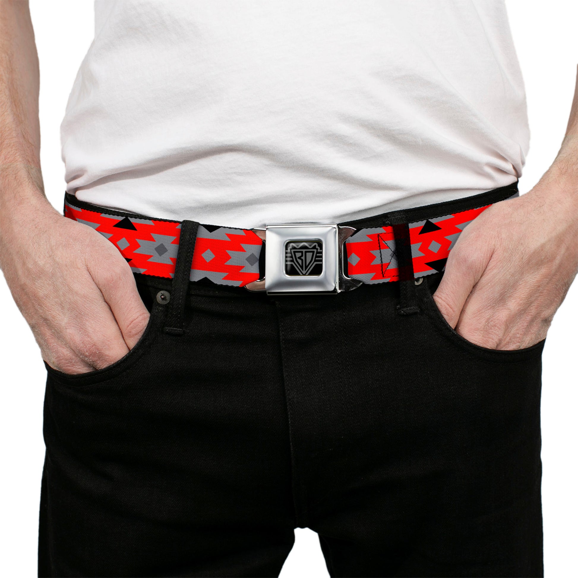 BD Wings Logo CLOSE-UP Full Color Black Silver Seatbelt Belt - Navajo Gray/Red/Gray/Black Webbing Seatbelt Belts Buckle-Down
