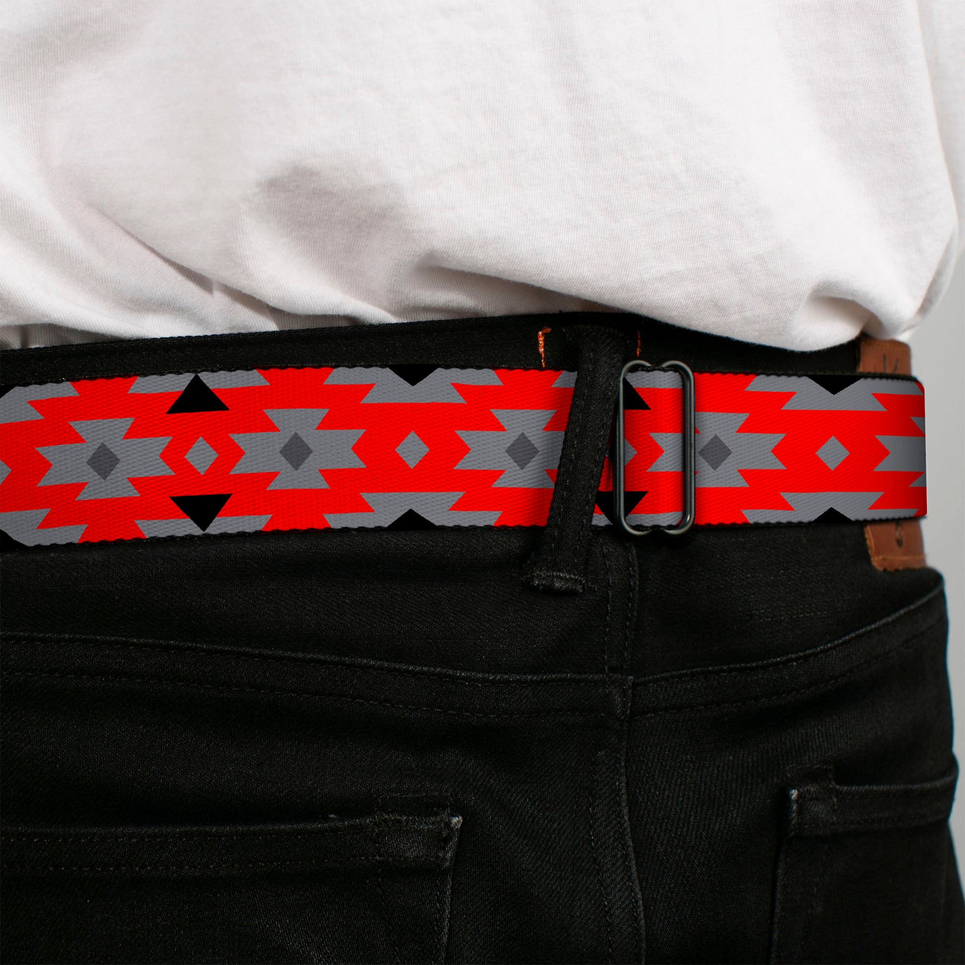 BD Wings Logo CLOSE-UP Full Color Black Silver Seatbelt Belt - Navajo Gray/Red/Gray/Black Webbing Seatbelt Belts Buckle-Down