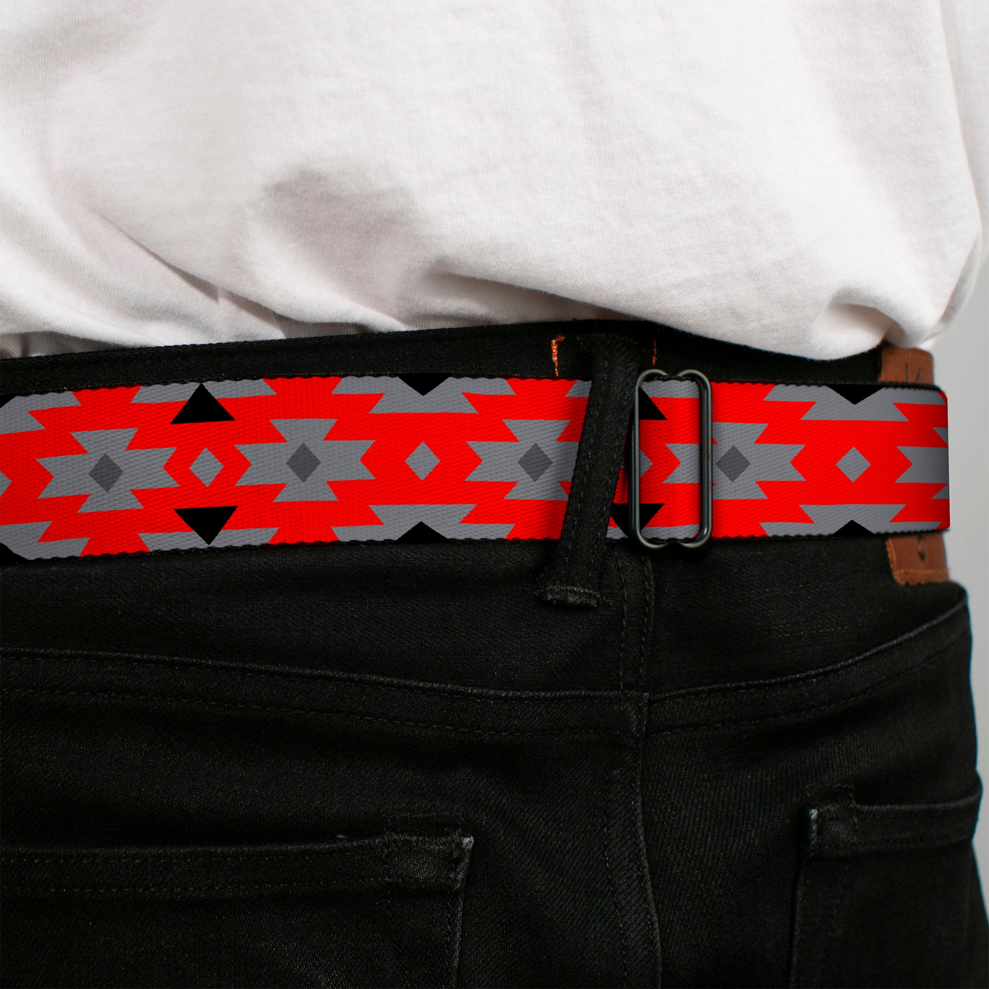 BD Wings Logo CLOSE-UP Full Color Black Silver Seatbelt Belt - Navajo Gray/Red/Gray/Black Webbing Seatbelt Belts Buckle-Down