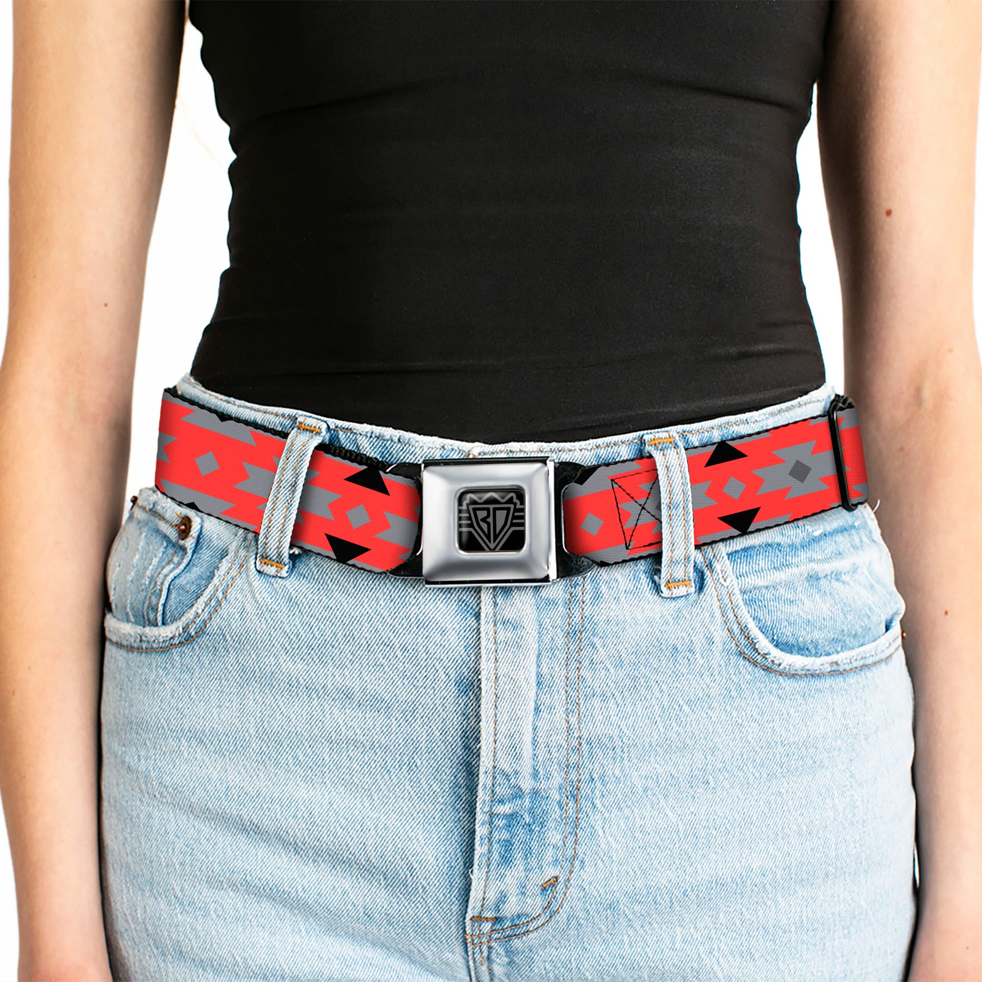 BD Wings Logo CLOSE-UP Full Color Black Silver Seatbelt Belt - Navajo Gray/Red/Gray/Black Webbing Seatbelt Belts Buckle-Down