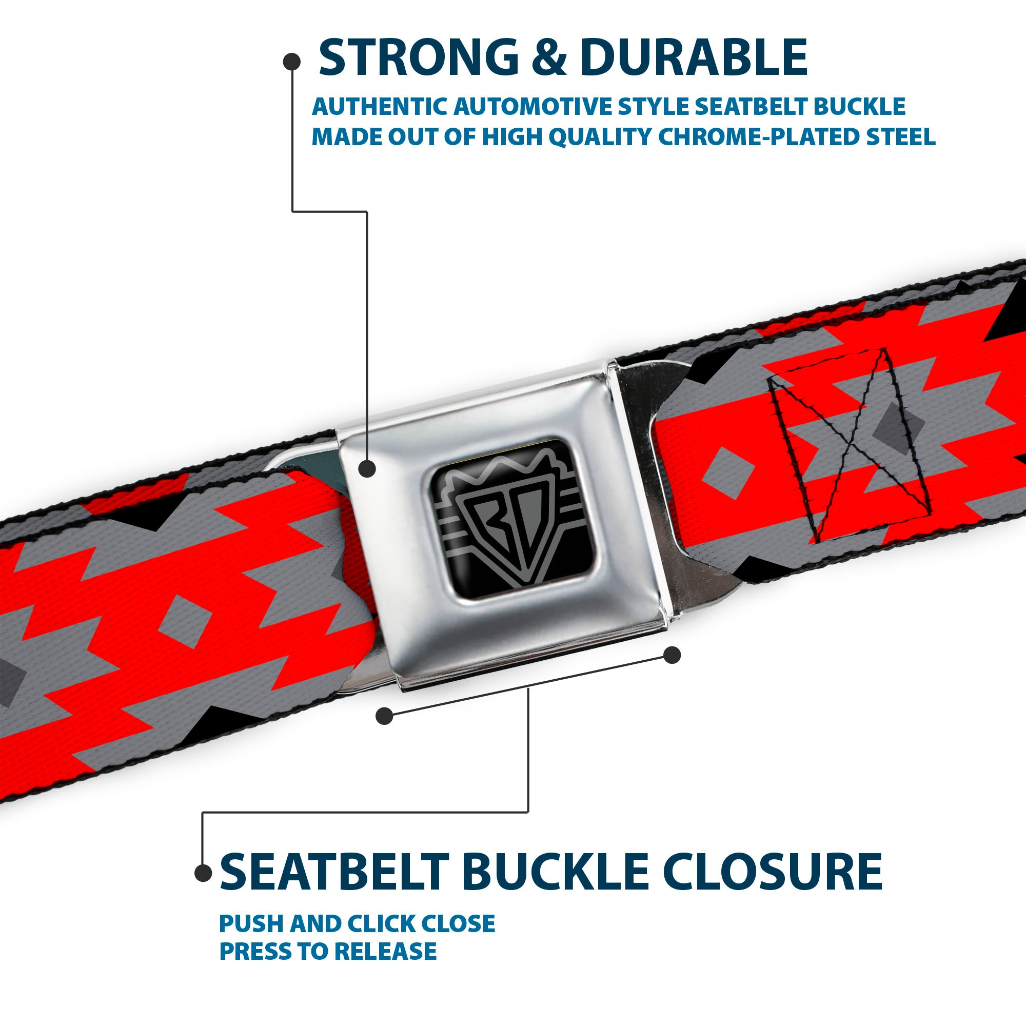 BD Wings Logo CLOSE-UP Full Color Black Silver Seatbelt Belt - Navajo Gray/Red/Gray/Black Webbing Seatbelt Belts Buckle-Down