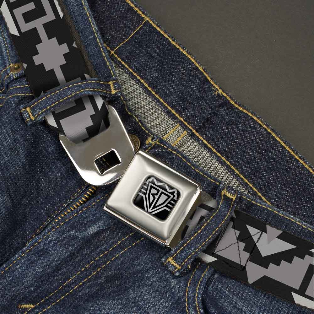 BD Wings Logo CLOSE-UP Full Color Black Silver Seatbelt Belt - Navajo2 Black/Gray Webbing Seatbelt Belts Buckle-Down