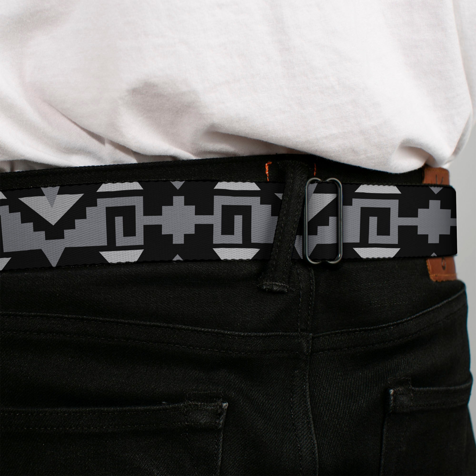 BD Wings Logo CLOSE-UP Full Color Black Silver Seatbelt Belt - Navajo2 Black/Gray Webbing Seatbelt Belts Buckle-Down